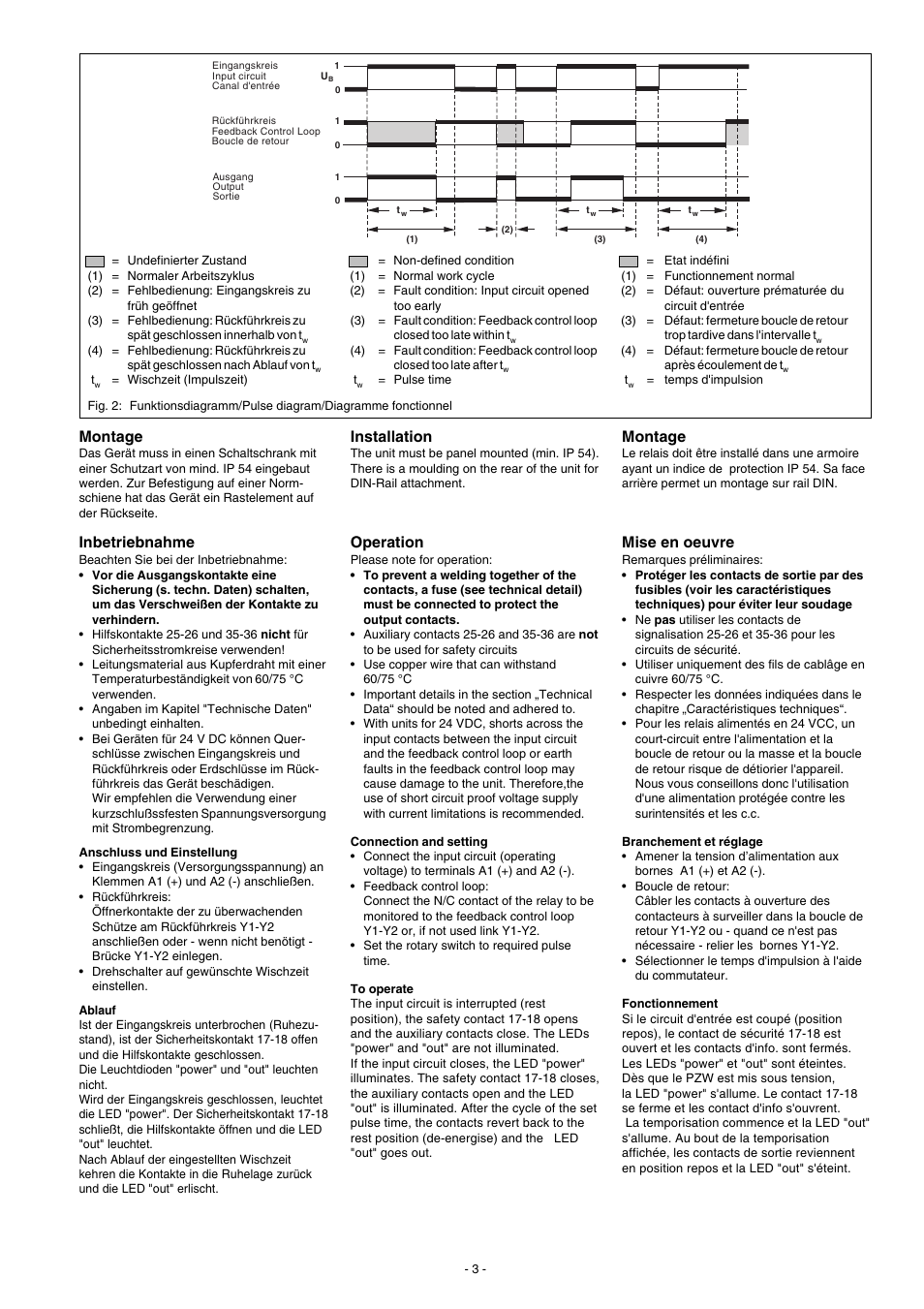 Installation, Operation, Montage | Mise en oeuvre, Inbetriebnahme | Pilz PZW 30/110-120VAC 1n/o 2n/c User Manual | Page 3 / 12