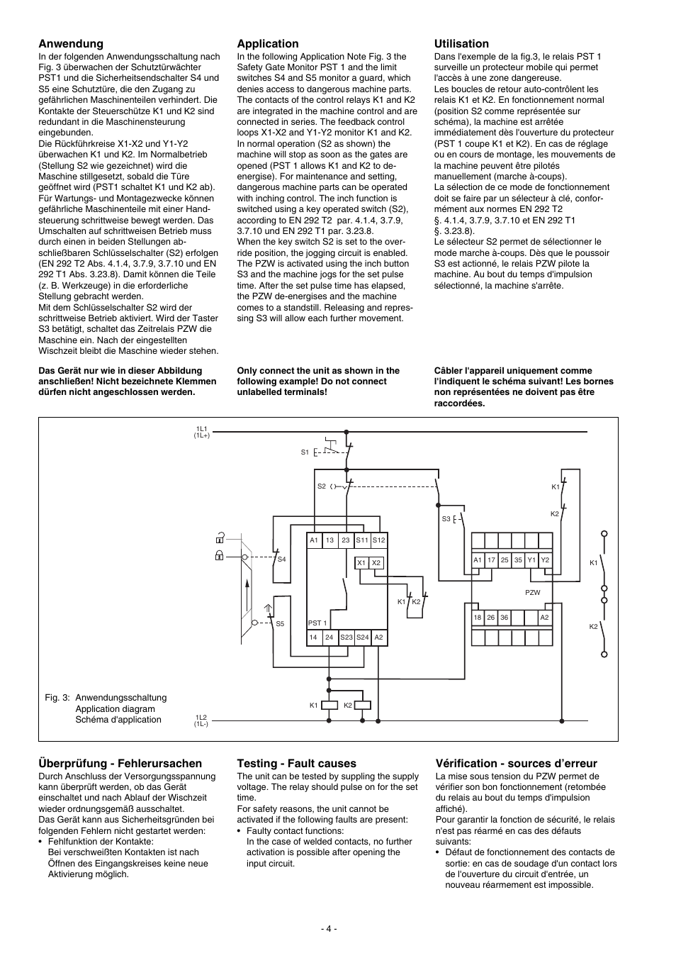 Application, Utilisation, Anwendung | Überprüfung - fehlerursachen, Testing - fault causes, Vérification - sources d’erreur | Pilz PZW 30/110-120VAC 1n/o 2n/c User Manual | Page 4 / 12