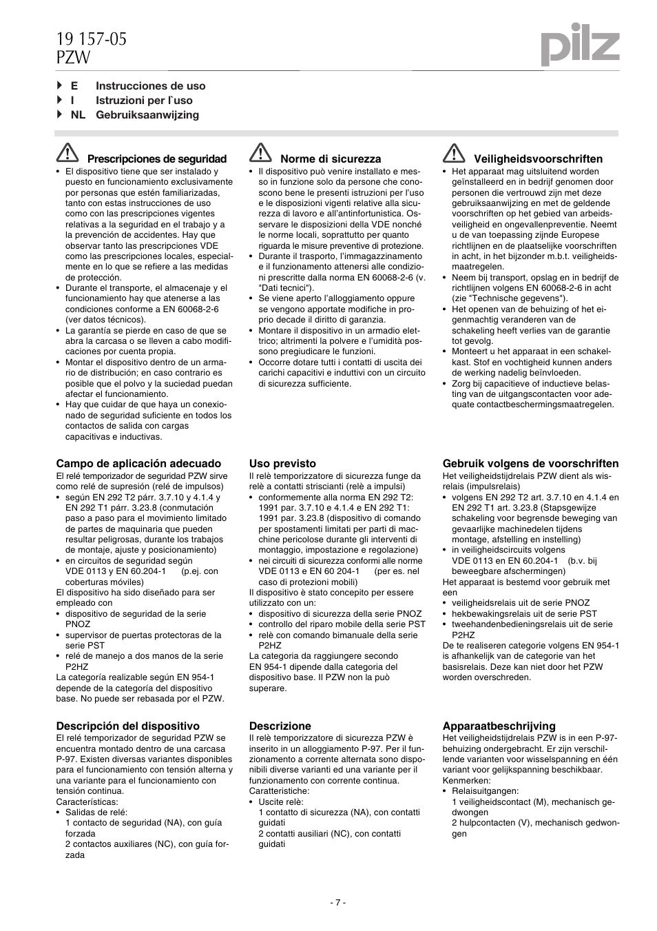 Pilz PZW 30/110-120VAC 1n/o 2n/c User Manual | Page 7 / 12