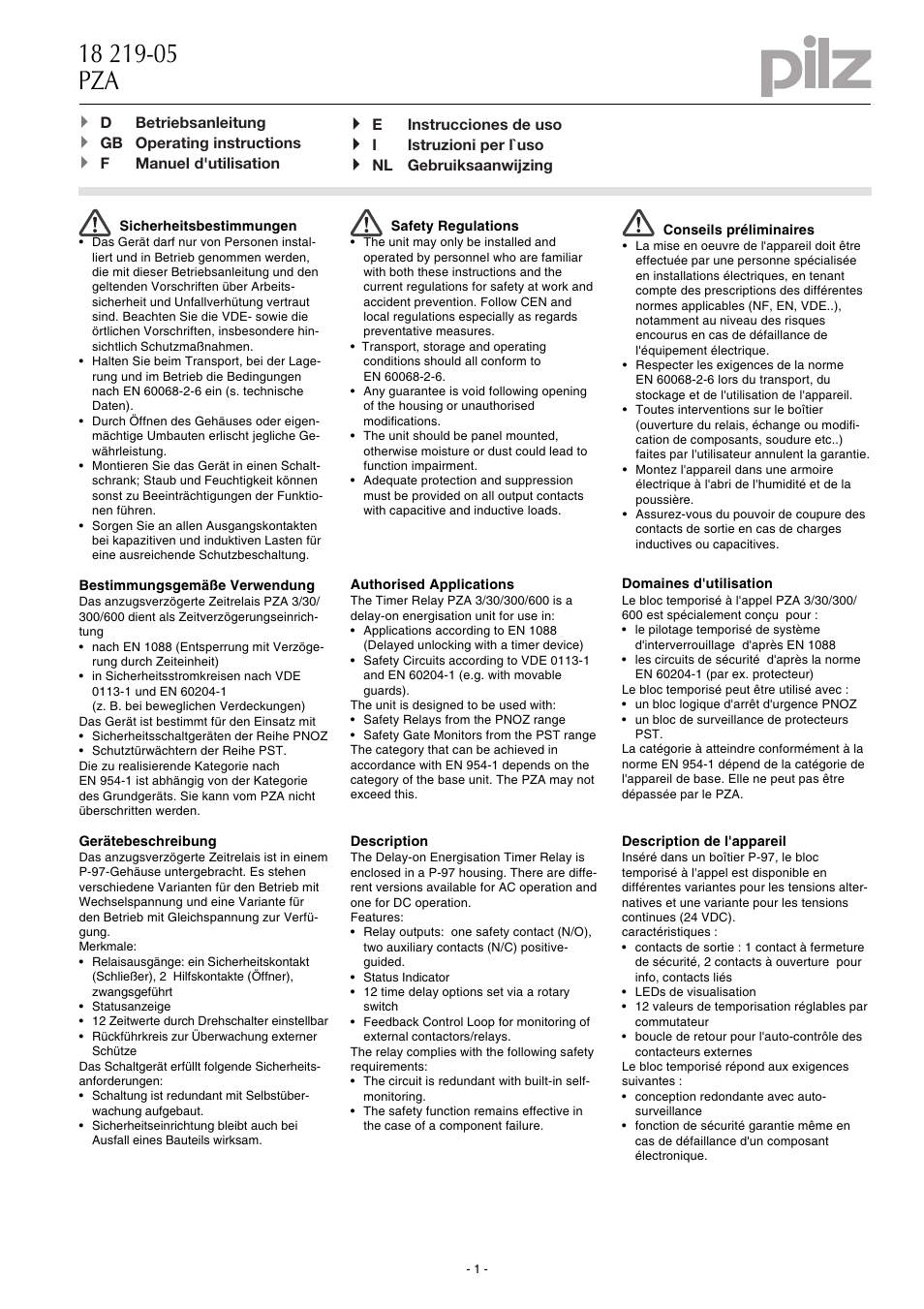 Pilz PZA 300/24VAC 1n/o 2n/c User Manual | 12 pages