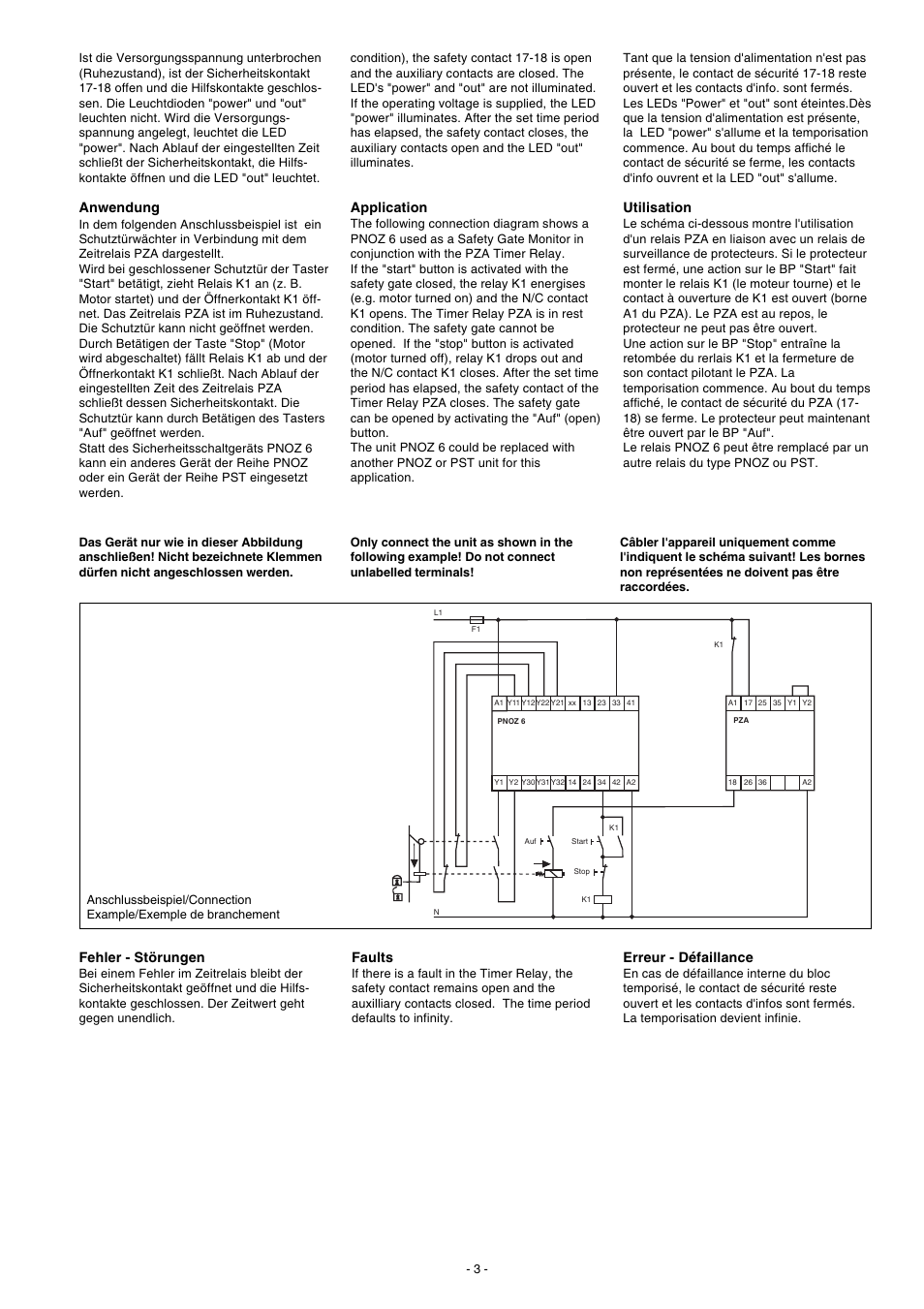 Anwendung, Utilisation, Faults | Erreur - défaillance, Application, Fehler - störungen | Pilz PZA 300/24VAC 1n/o 2n/c User Manual | Page 3 / 12
