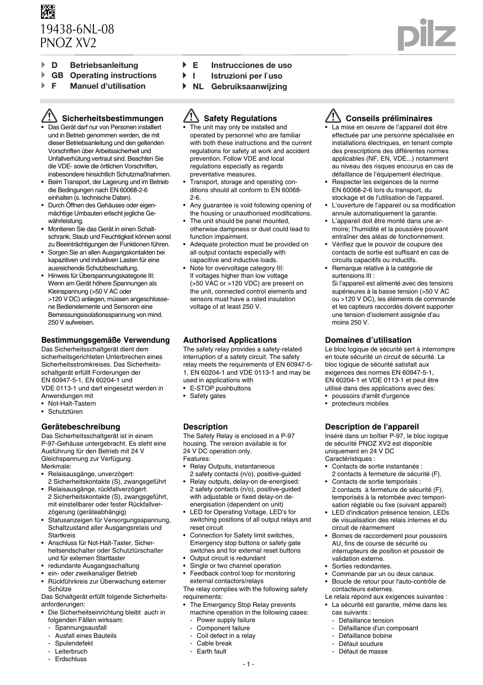 Pilz PNOZ XV2 30/24VDC 2n/o 2n/o t User Manual | 20 pages