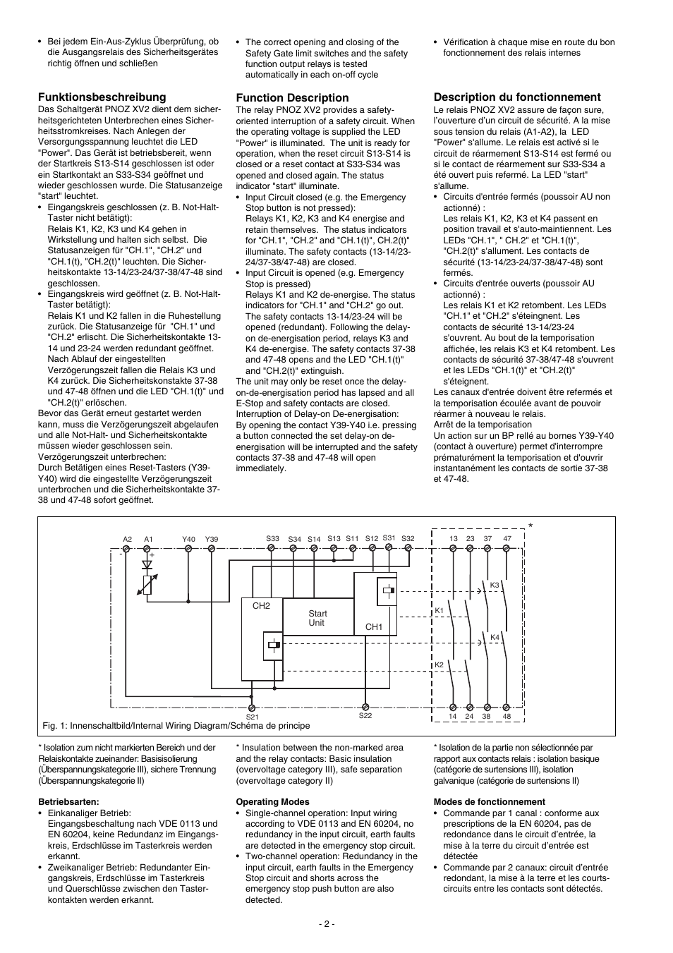 Function description, Funktionsbeschreibung, Description du fonctionnement | Pilz PNOZ XV2 30/24VDC 2n/o 2n/o t User Manual | Page 2 / 20