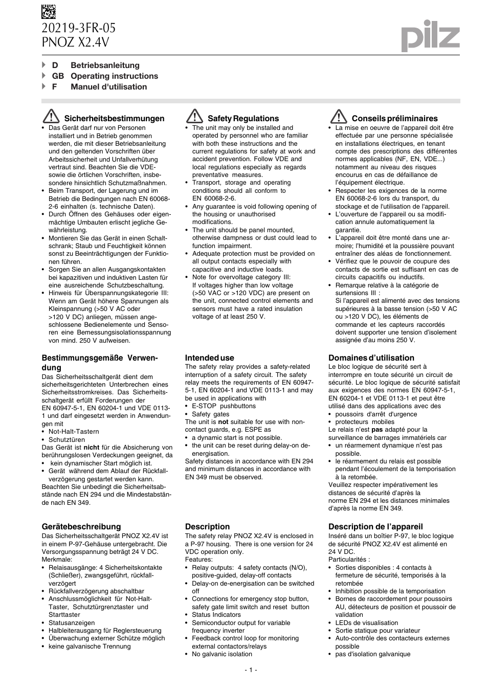 Pilz PNOZ X2.4V 1/24VDC 4n/o 1so fix User Manual | 8 pages