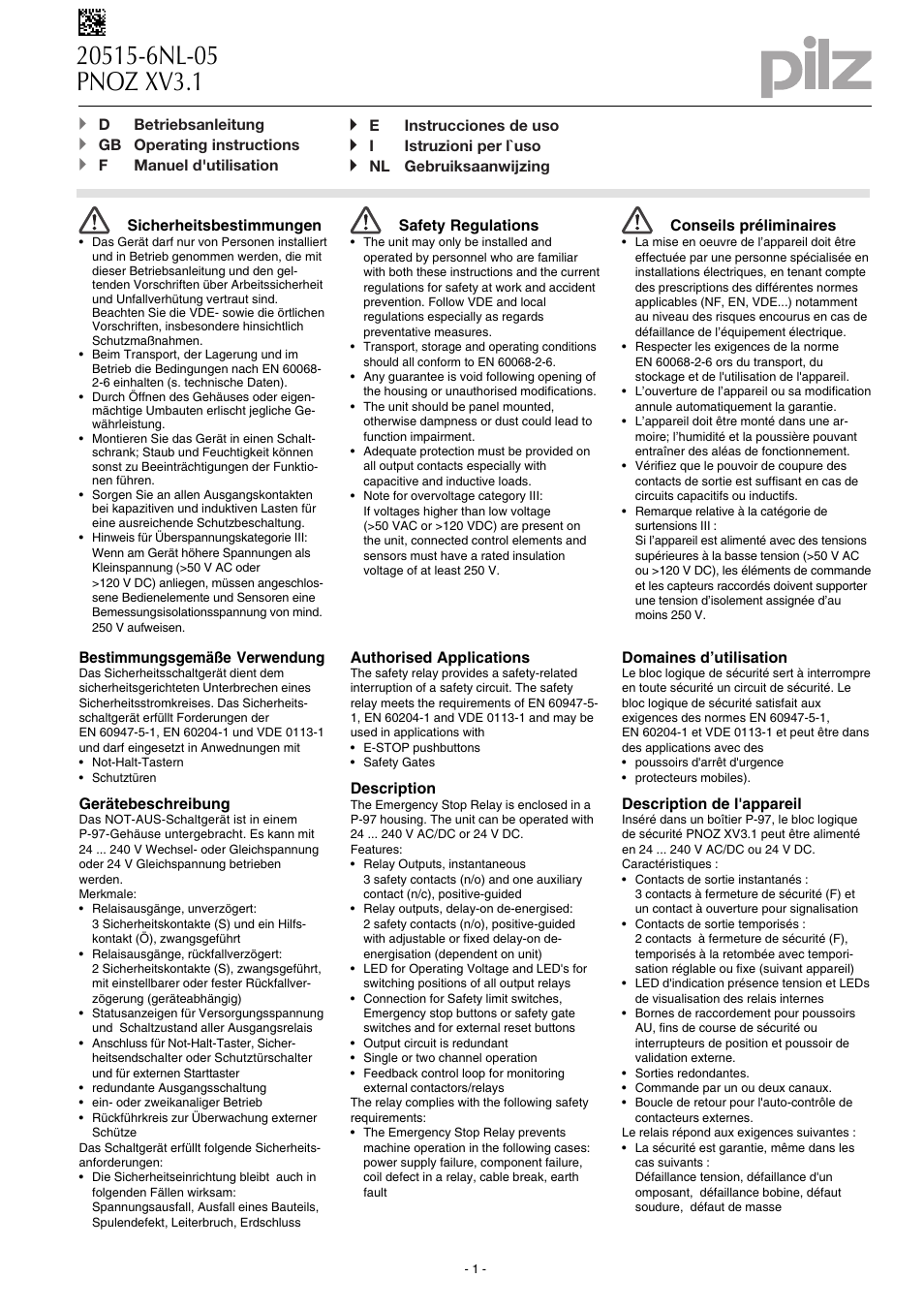 Pilz PNOZ XV3.1 30/24VDC 3n/o 1n/c 2n/o t User Manual | 20 pages