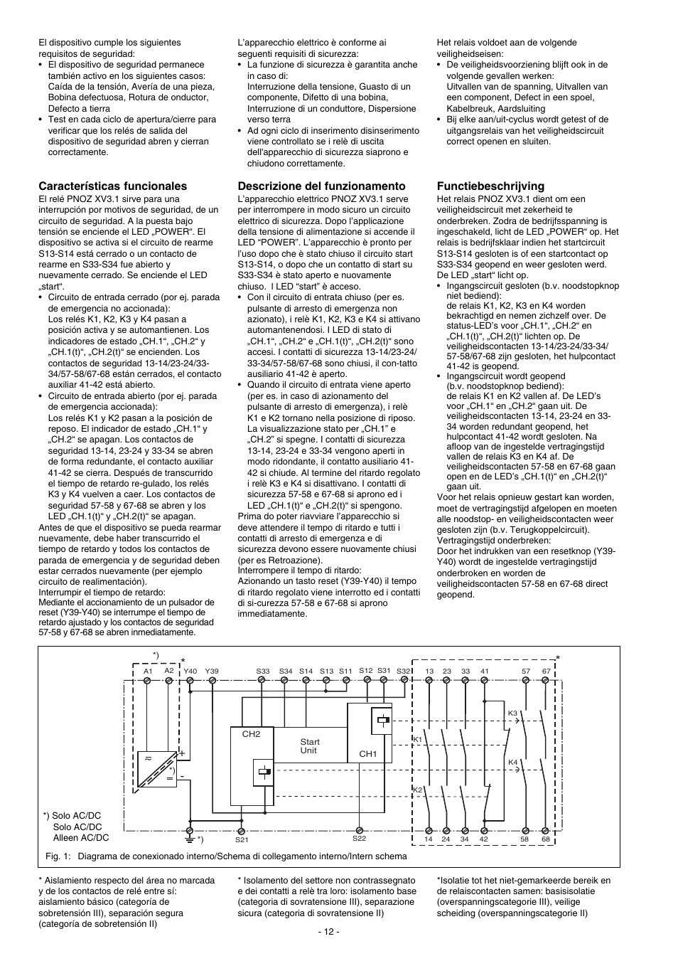 Descrizione del funzionamento, Características funcionales, Functiebeschrijving | Pilz PNOZ XV3.1 30/24VDC 3n/o 1n/c 2n/o t User Manual | Page 12 / 20