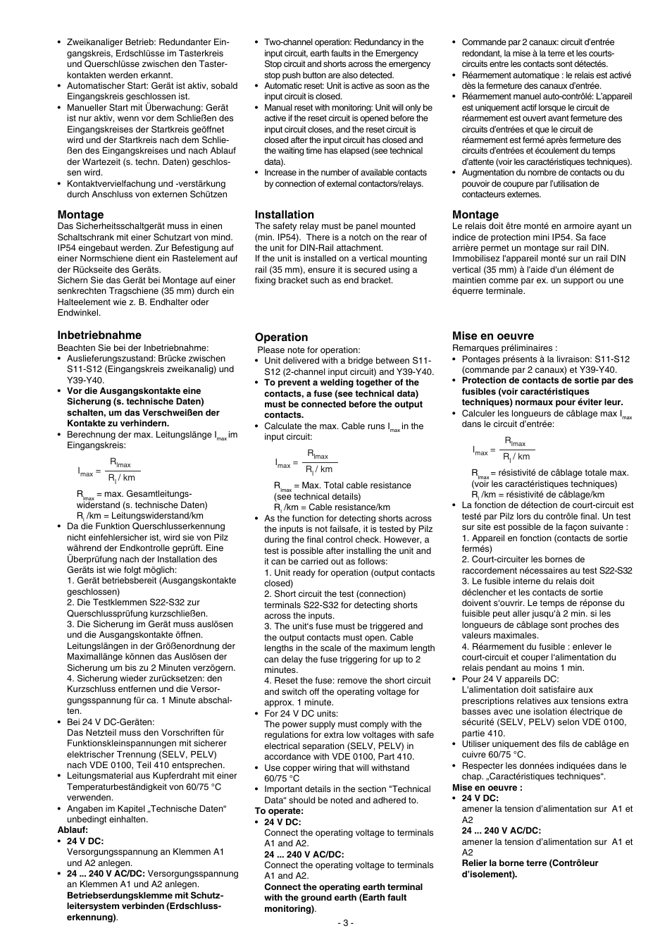 Montage, Inbetriebnahme, Installation | Operation, Mise en oeuvre | Pilz PNOZ XV3.1 30/24VDC 3n/o 1n/c 2n/o t User Manual | Page 3 / 20