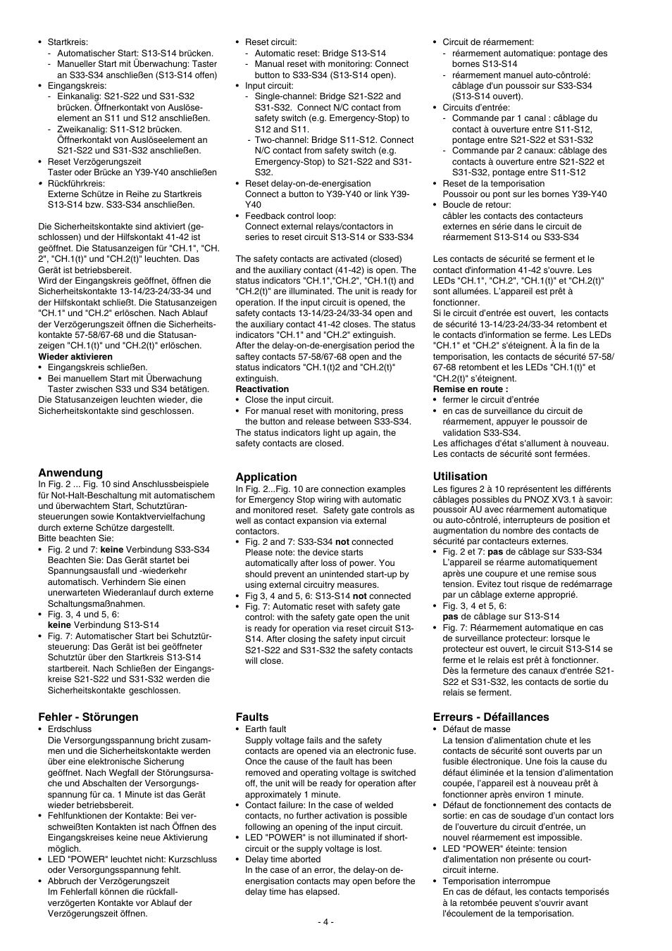 Fehler - störungen, Faults, Erreurs - défaillances | Anwendung, Application, Utilisation | Pilz PNOZ XV3.1 30/24VDC 3n/o 1n/c 2n/o t User Manual | Page 4 / 20