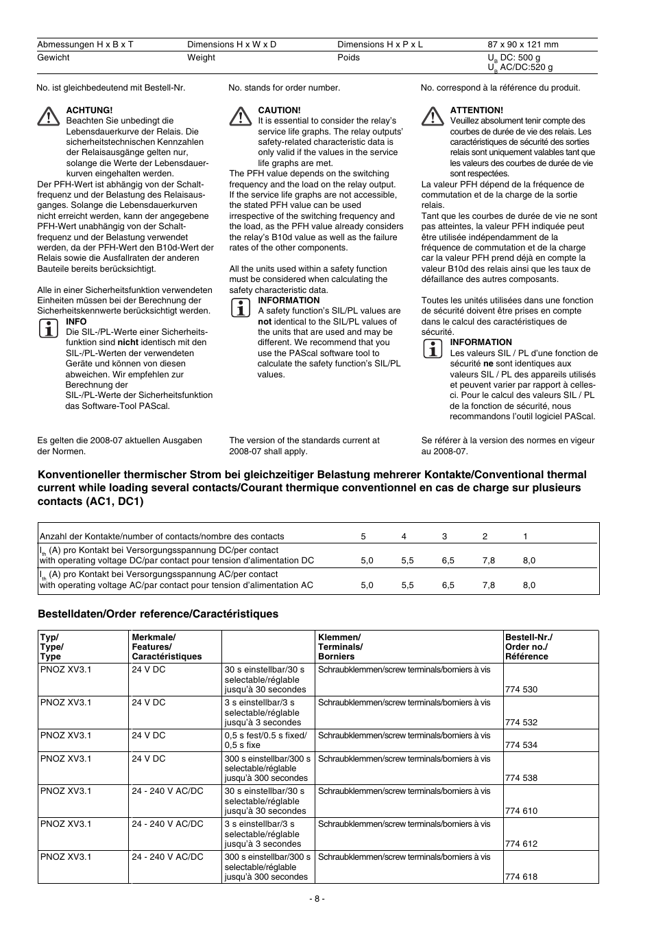 Bestelldaten/order reference/caractéristiques | Pilz PNOZ XV3.1 30/24VDC 3n/o 1n/c 2n/o t User Manual | Page 8 / 20