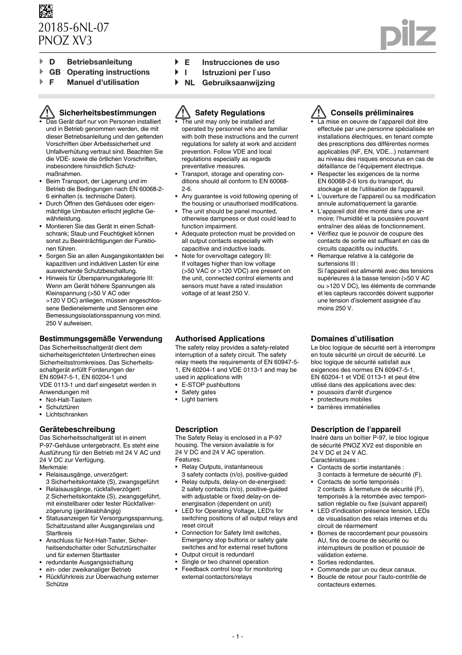 Pilz PNOZ XV3 30/24VDC 3n/o 2n/o t User Manual | 20 pages