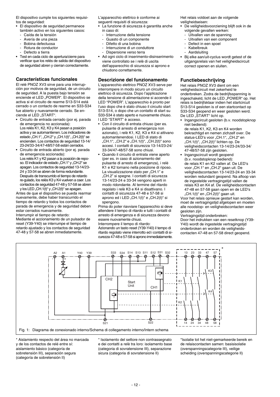 Características funcionales, Descrizione del funzionamento, Functiebeschrijving | Pilz PNOZ XV3 30/24VDC 3n/o 2n/o t User Manual | Page 12 / 20