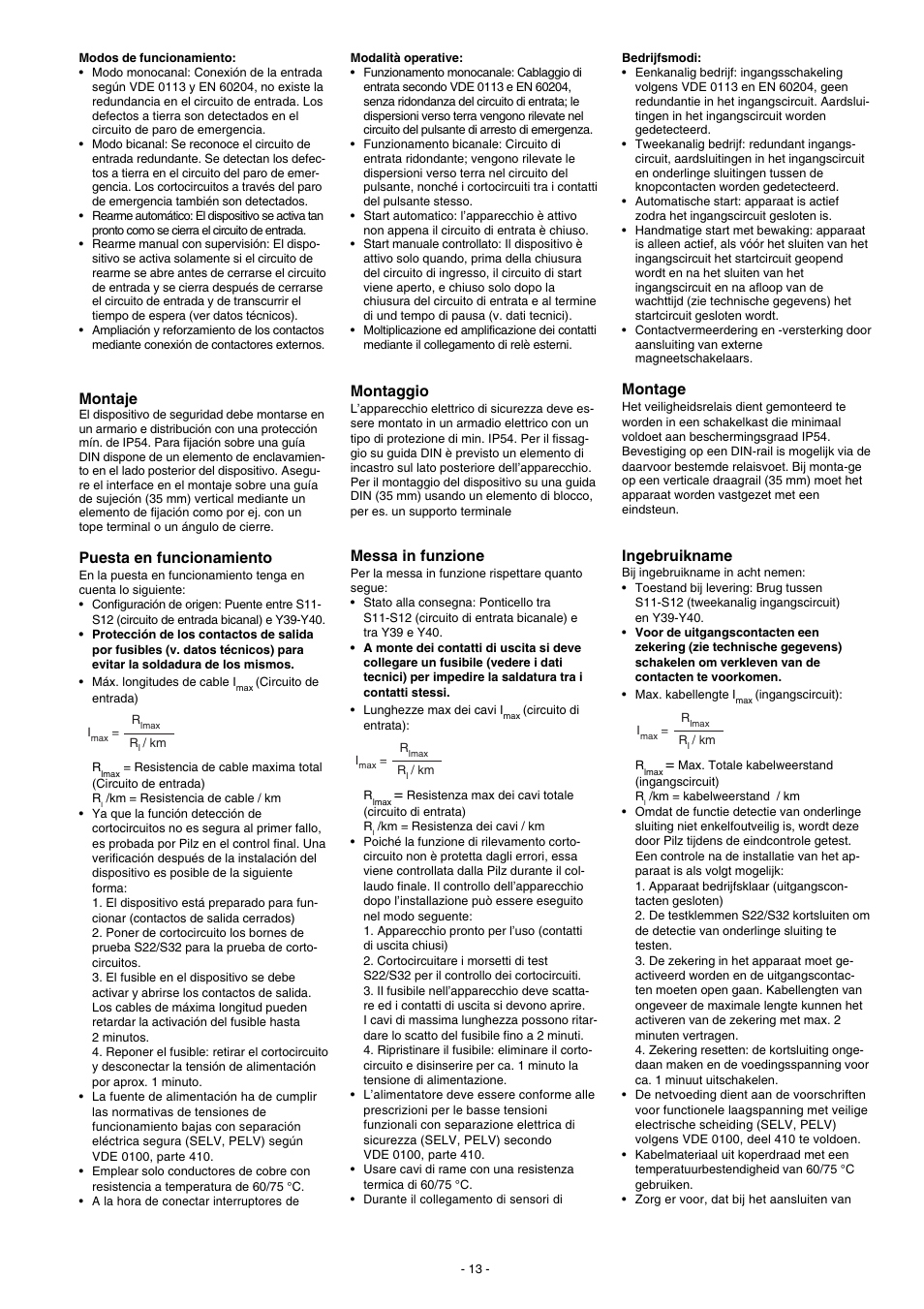 Montaje, Puesta en funcionamiento, Montaggio | Messa in funzione, Montage, Ingebruikname | Pilz PNOZ XV3 30/24VDC 3n/o 2n/o t User Manual | Page 13 / 20