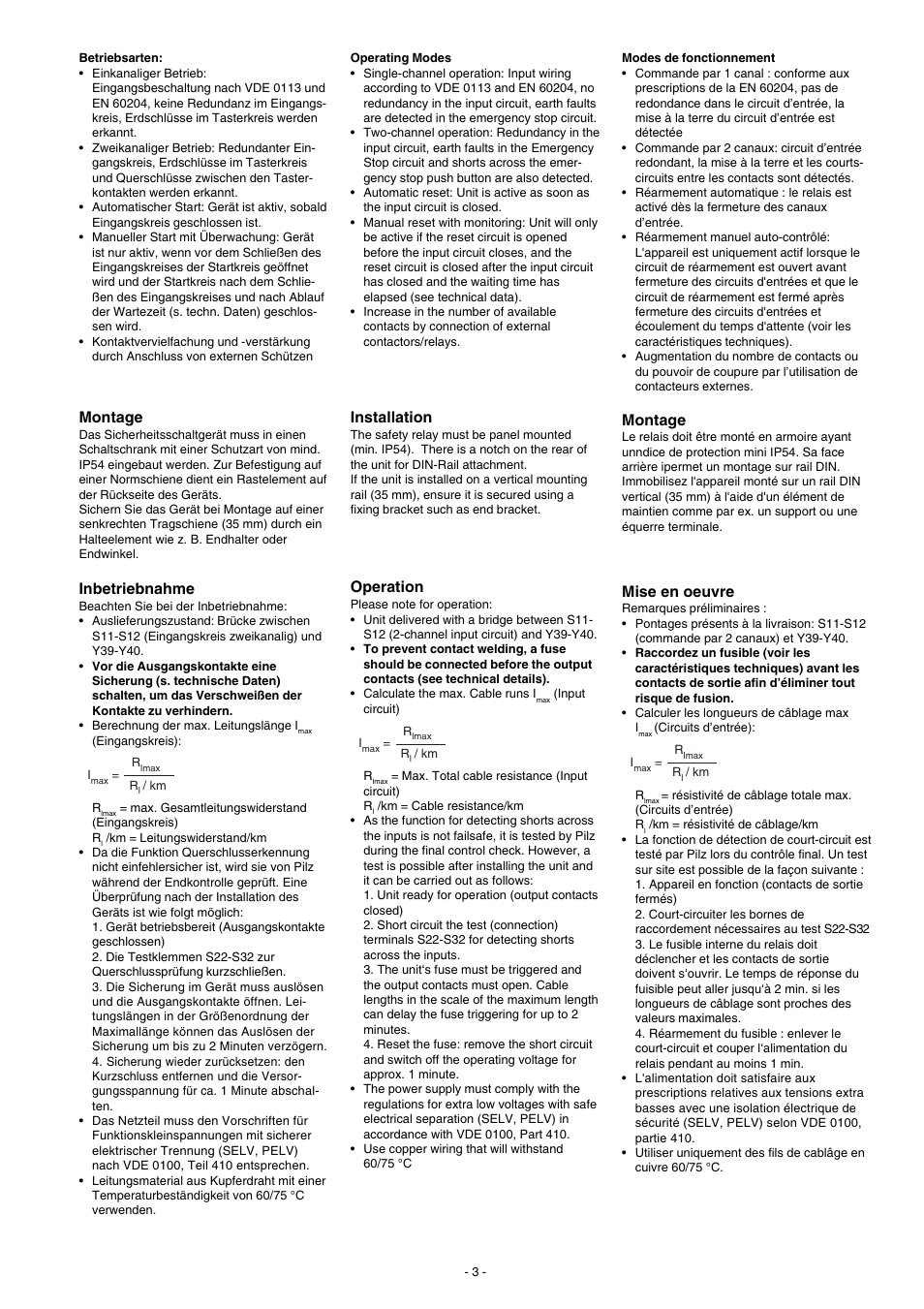 Montage, Inbetriebnahme, Installation | Operation, Mise en oeuvre | Pilz PNOZ XV3 30/24VDC 3n/o 2n/o t User Manual | Page 3 / 20