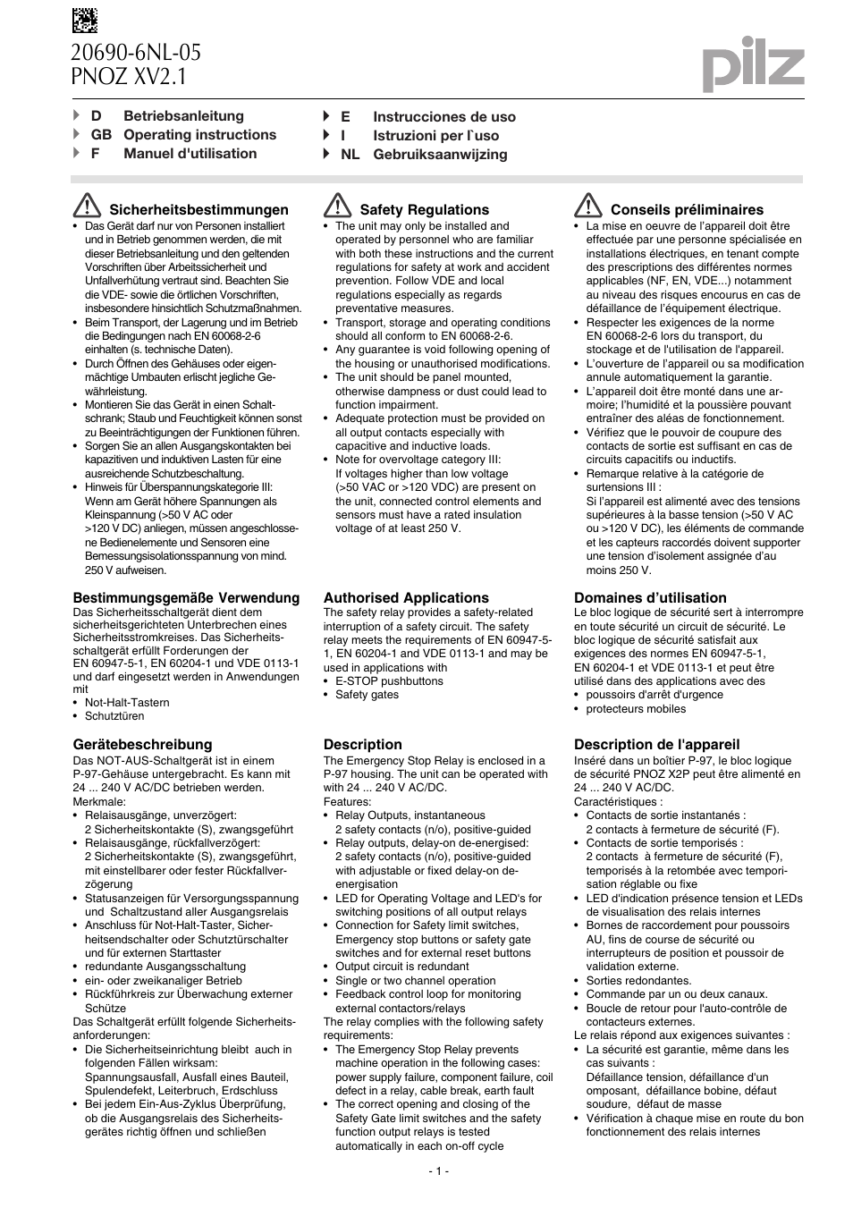 Pilz PNOZ XV2.1 30/24-240VACDC 2n/o 2n/o t User Manual | 20 pages