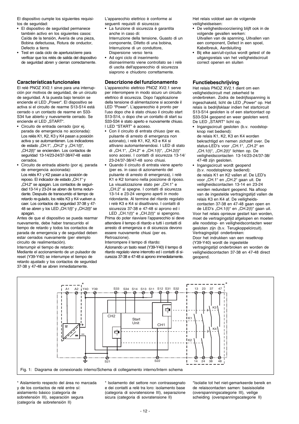 Características funcionales, Descrizione del funzionamento, Functiebeschrijving | Pilz PNOZ XV2.1 30/24-240VACDC 2n/o 2n/o t User Manual | Page 12 / 20