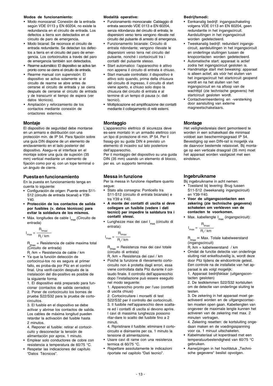 Montaje, Puesta en funcionamiento, Montaggio | Messa in funzione, Montage, Ingebruikname | Pilz PNOZ XV2.1 30/24-240VACDC 2n/o 2n/o t User Manual | Page 13 / 20