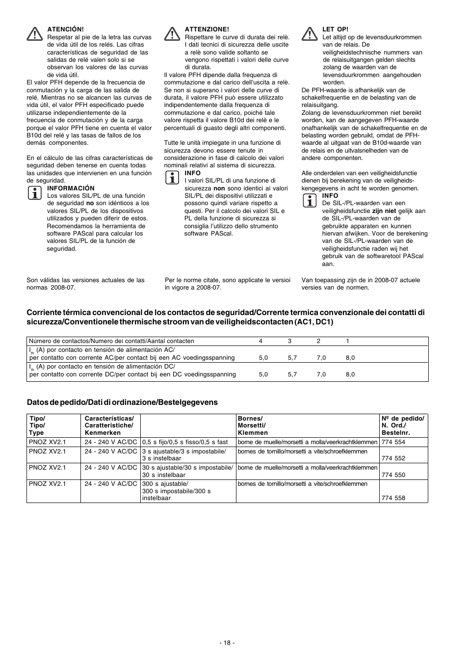 Datos de pedido/dati di ordinazione/bestelgegevens | Pilz PNOZ XV2.1 30/24-240VACDC 2n/o 2n/o t User Manual | Page 18 / 20