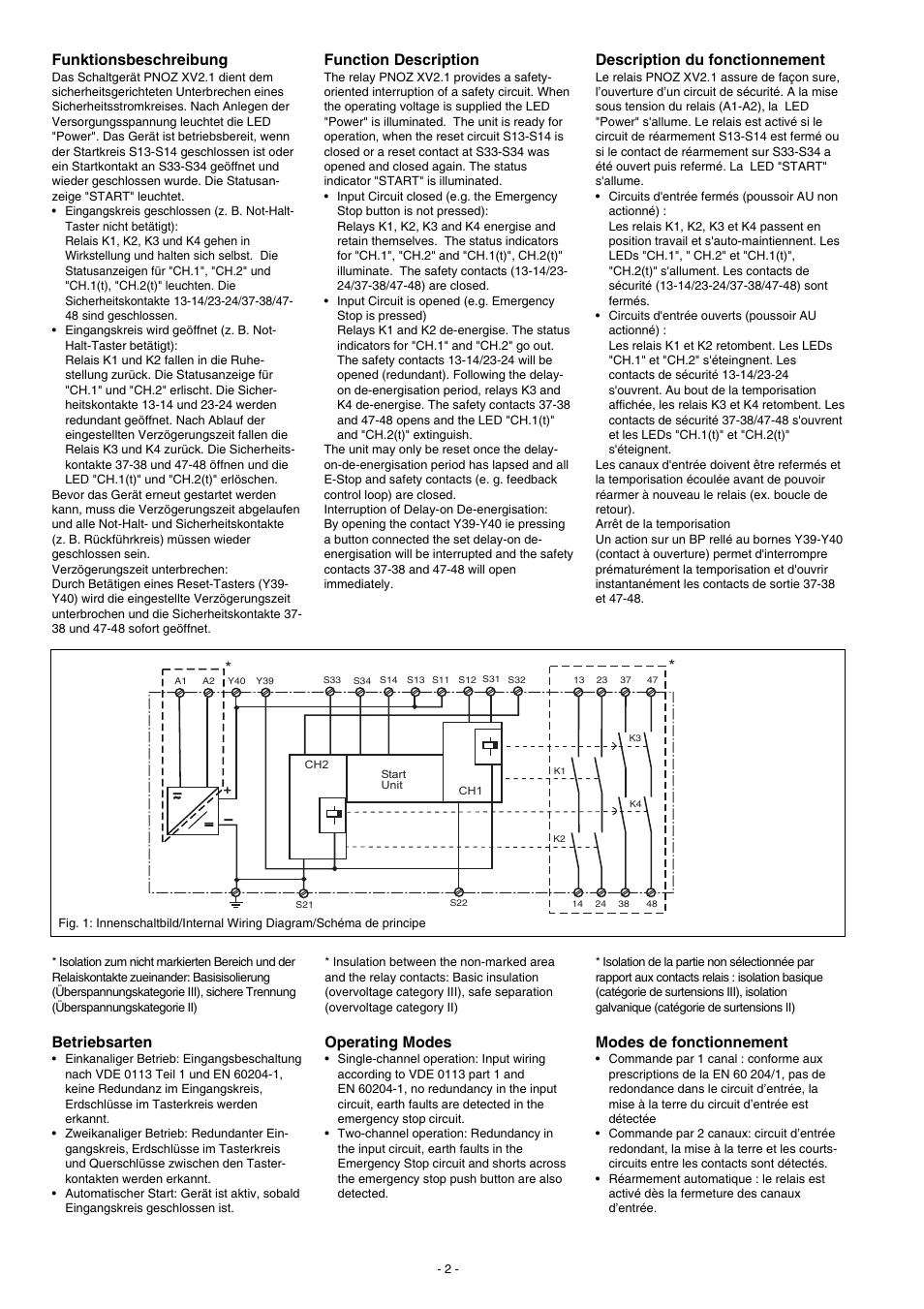 Description du fonctionnement, Function description, Funktionsbeschreibung | Betriebsarten, Operating modes, Modes de fonctionnement | Pilz PNOZ XV2.1 30/24-240VACDC 2n/o 2n/o t User Manual | Page 2 / 20