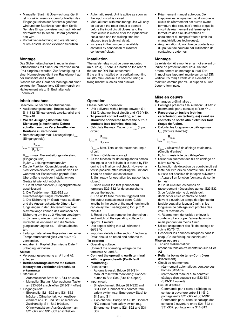 Montage, Inbetriebnahme, Installation | Operation, Mise en oeuvre | Pilz PNOZ XV2.1 30/24-240VACDC 2n/o 2n/o t User Manual | Page 3 / 20