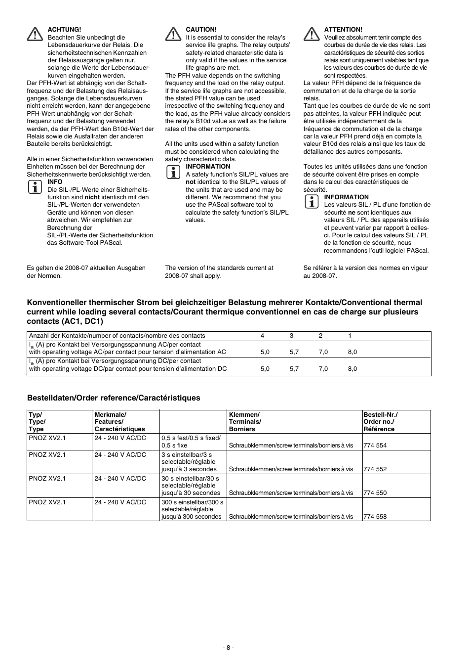 Bestelldaten/order reference/caractéristiques | Pilz PNOZ XV2.1 30/24-240VACDC 2n/o 2n/o t User Manual | Page 8 / 20