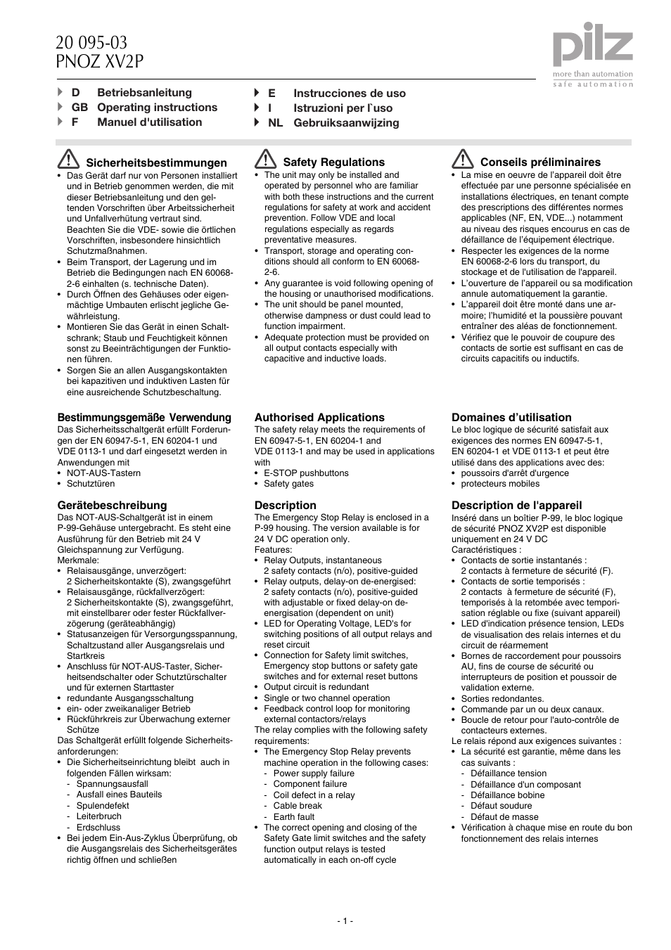 Pilz PNOZ XV2P 30/24VDC 2n/o 2n/o t User Manual | 16 pages