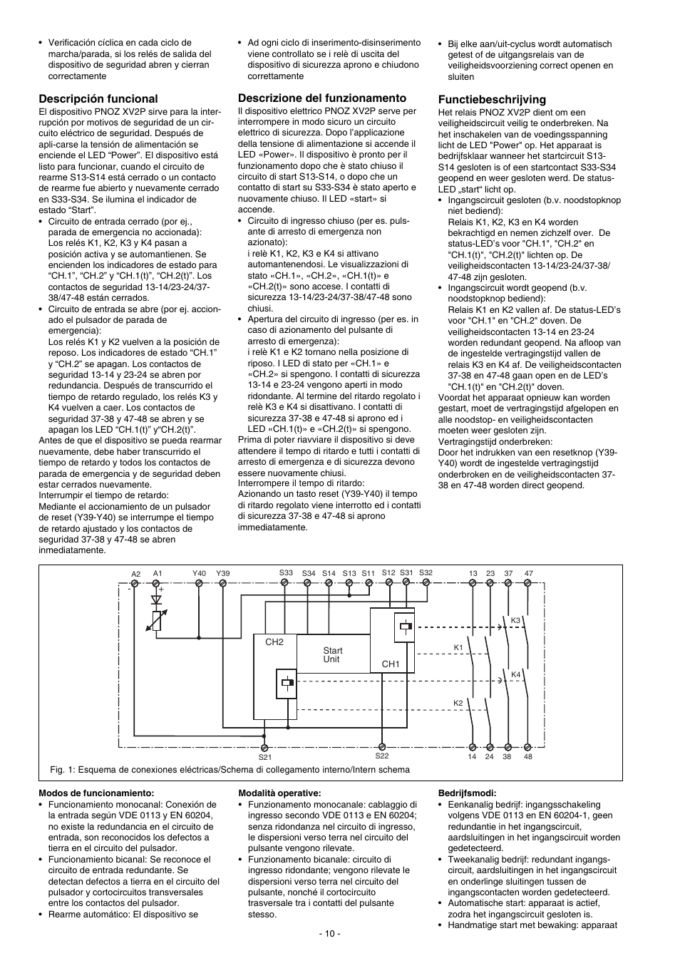 Descrizione del funzionamento, Descripción funcional, Functiebeschrijving | Pilz PNOZ XV2P 30/24VDC 2n/o 2n/o t User Manual | Page 10 / 16
