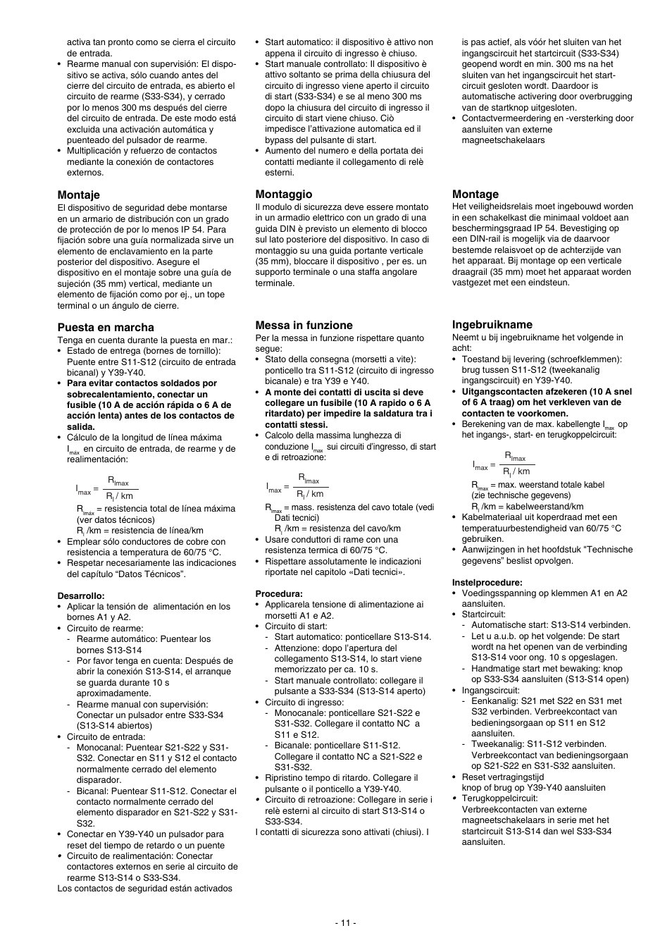 Montaggio, Messa in funzione, Montaje | Puesta en marcha, Montage, Ingebruikname | Pilz PNOZ XV2P 30/24VDC 2n/o 2n/o t User Manual | Page 11 / 16