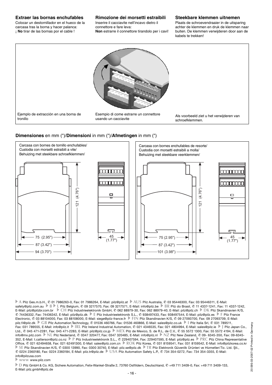 Extraer las bornas enchufables, Rimozione dei morsetti estraibili, Steekbare klemmen uitnemen | Pilz PNOZ XV2P 30/24VDC 2n/o 2n/o t User Manual | Page 16 / 16