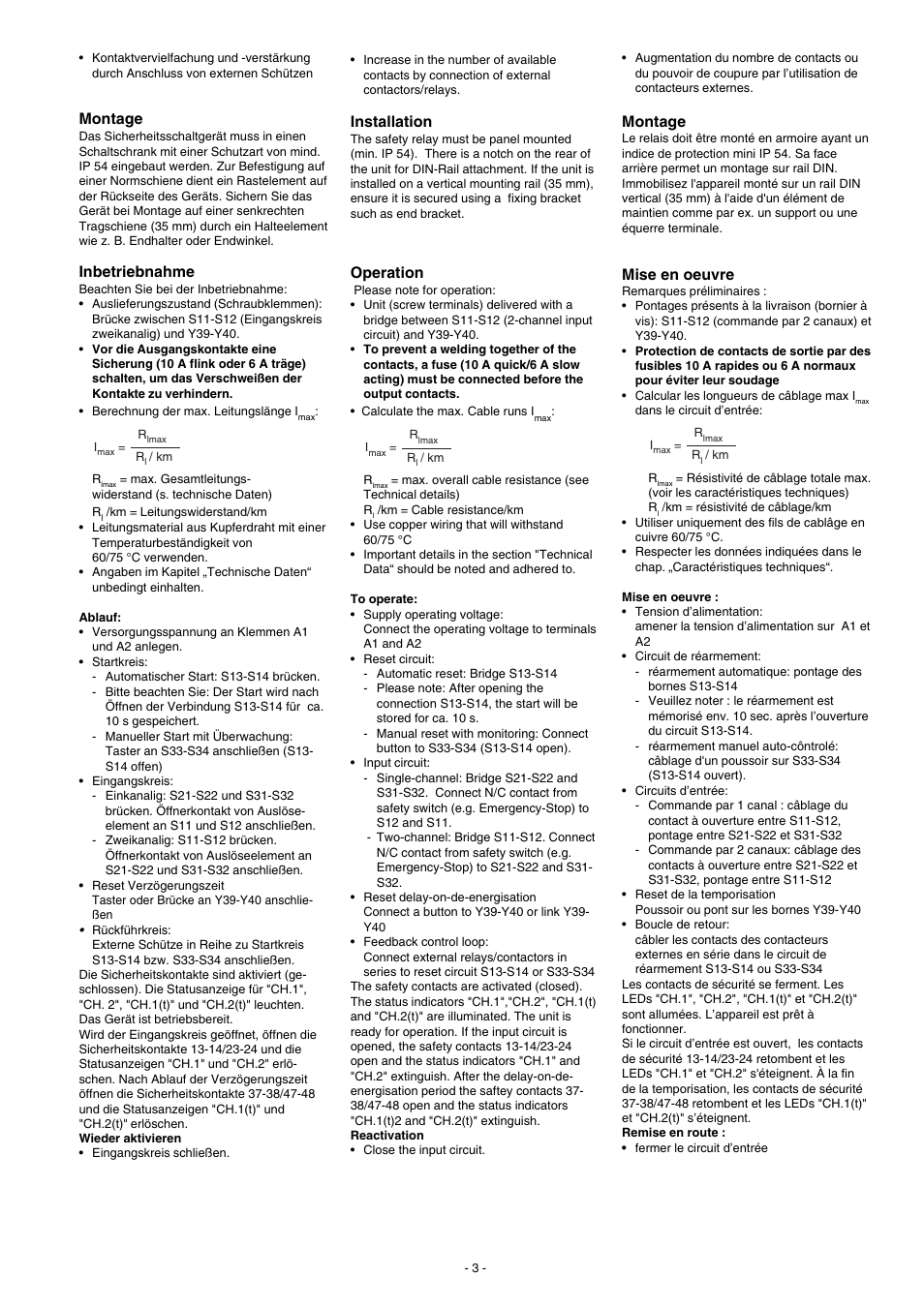 Montage, Mise en oeuvre, Installation | Operation, Inbetriebnahme | Pilz PNOZ XV2P 30/24VDC 2n/o 2n/o t User Manual | Page 3 / 16