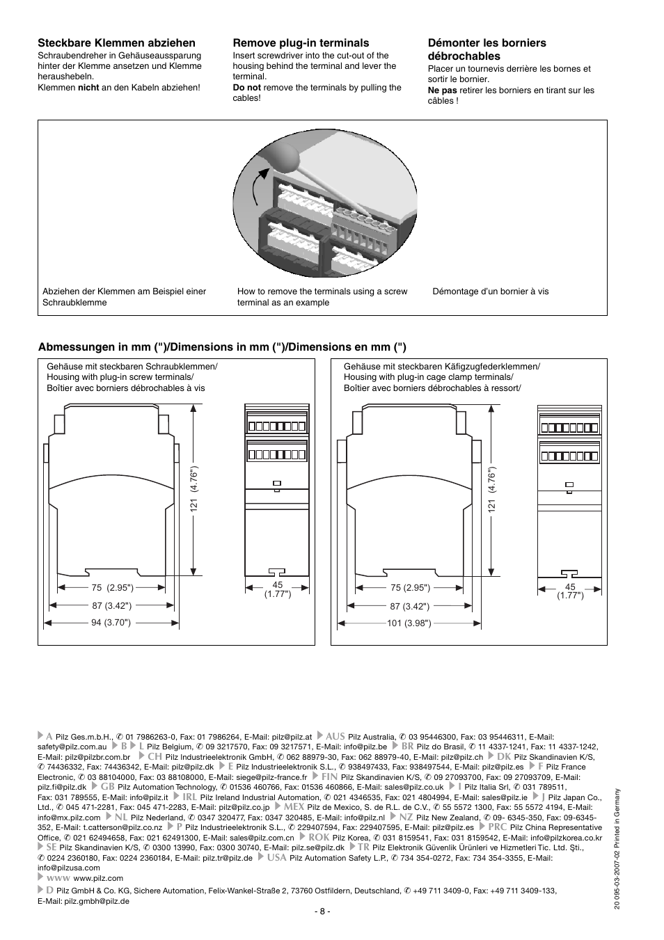 Steckbare klemmen abziehen, Remove plug-in terminals, Démonter les borniers débrochables | Pilz PNOZ XV2P 30/24VDC 2n/o 2n/o t User Manual | Page 8 / 16