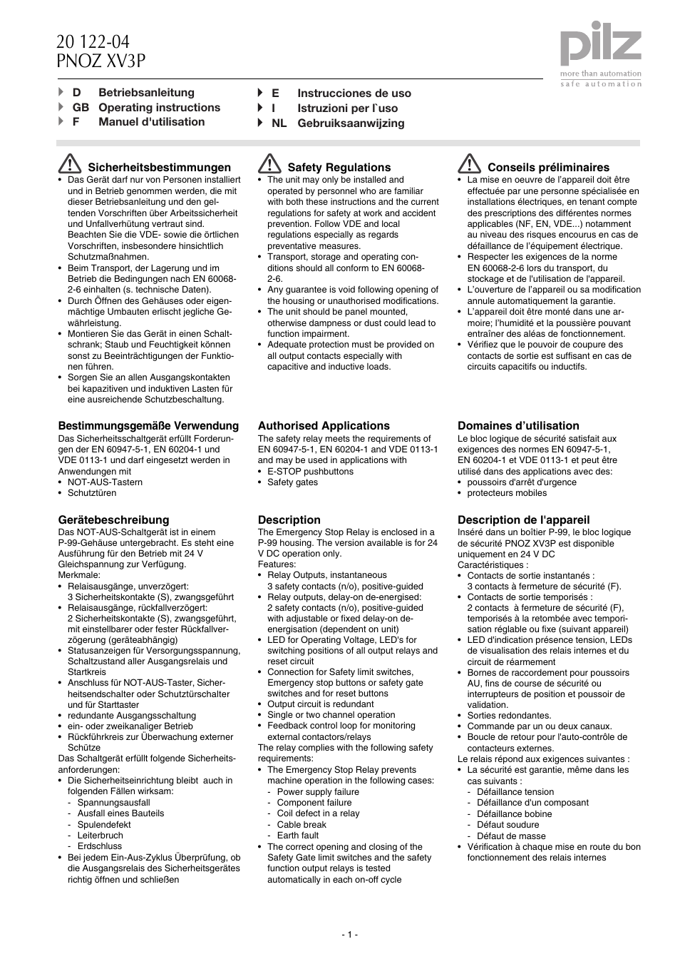 Pilz PNOZ XV3P 30/24 VDC 3n/o 2n/o t User Manual | 16 pages
