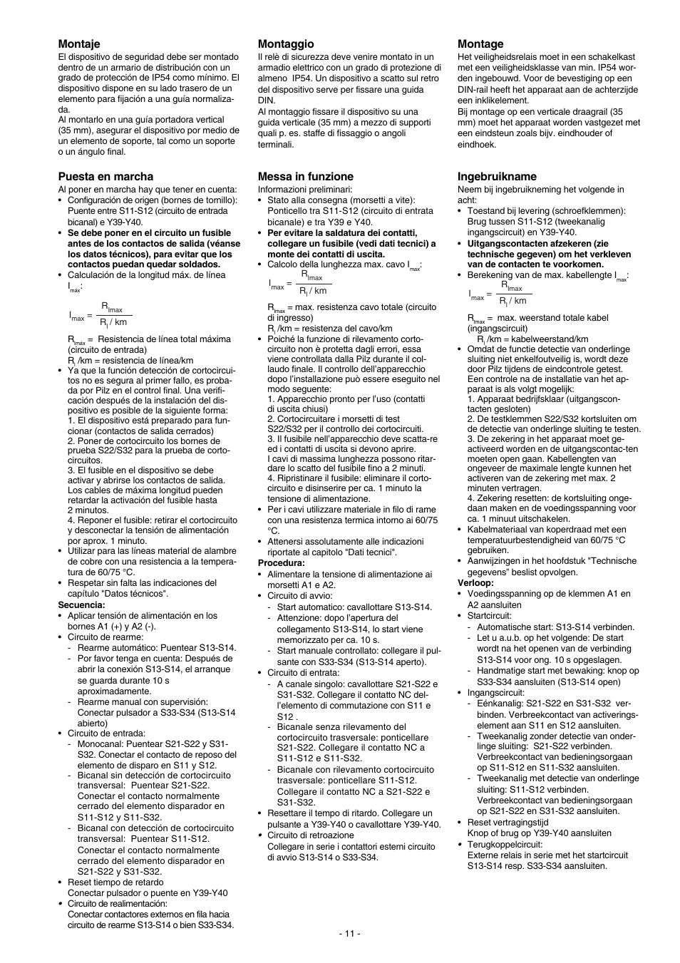 Montaje, Montaggio, Montage | Puesta en marcha, Messa in funzione, Ingebruikname | Pilz PNOZ XV3P 30/24 VDC 3n/o 2n/o t User Manual | Page 11 / 16