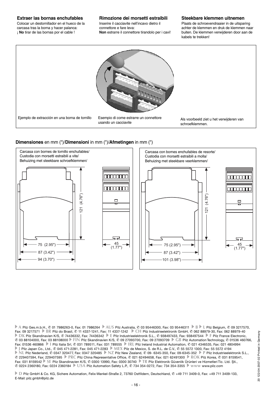 Extraer las bornas enchufables, Rimozione dei morsetti estraibili, Steekbare klemmen uitnemen | Pilz PNOZ XV3P 30/24 VDC 3n/o 2n/o t User Manual | Page 16 / 16