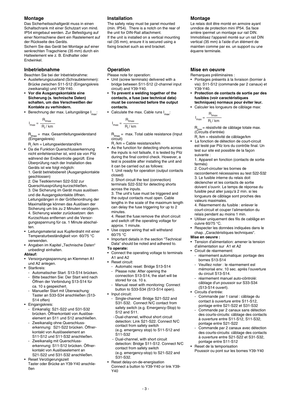 Montage, Mise en oeuvre, Inbetriebnahme | Installation, Operation | Pilz PNOZ XV3P 30/24 VDC 3n/o 2n/o t User Manual | Page 3 / 16