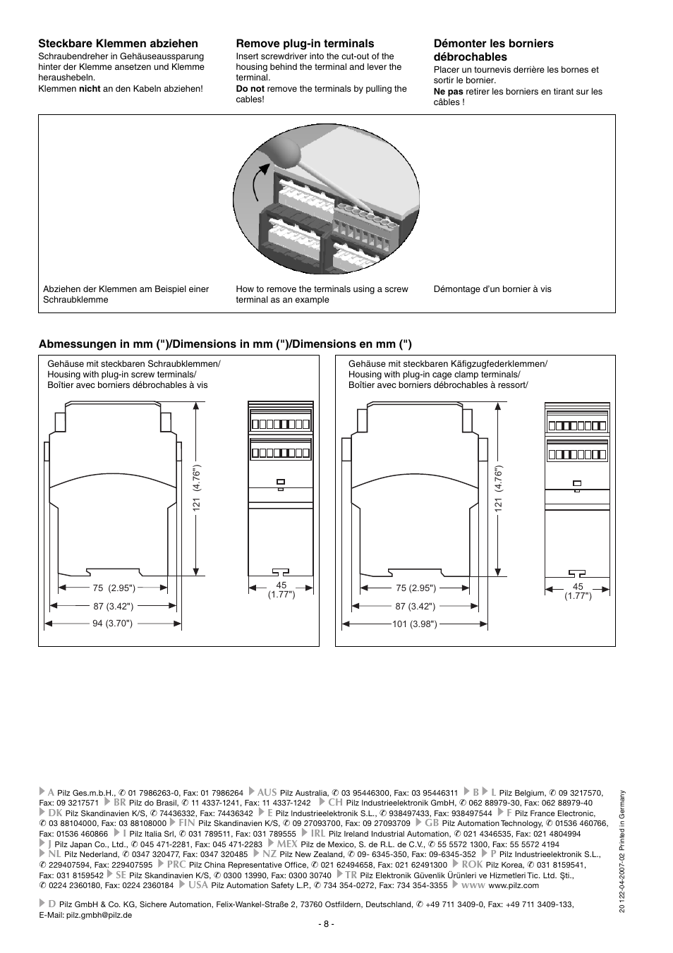 Steckbare klemmen abziehen, Remove plug-in terminals, Démonter les borniers débrochables | Pilz PNOZ XV3P 30/24 VDC 3n/o 2n/o t User Manual | Page 8 / 16