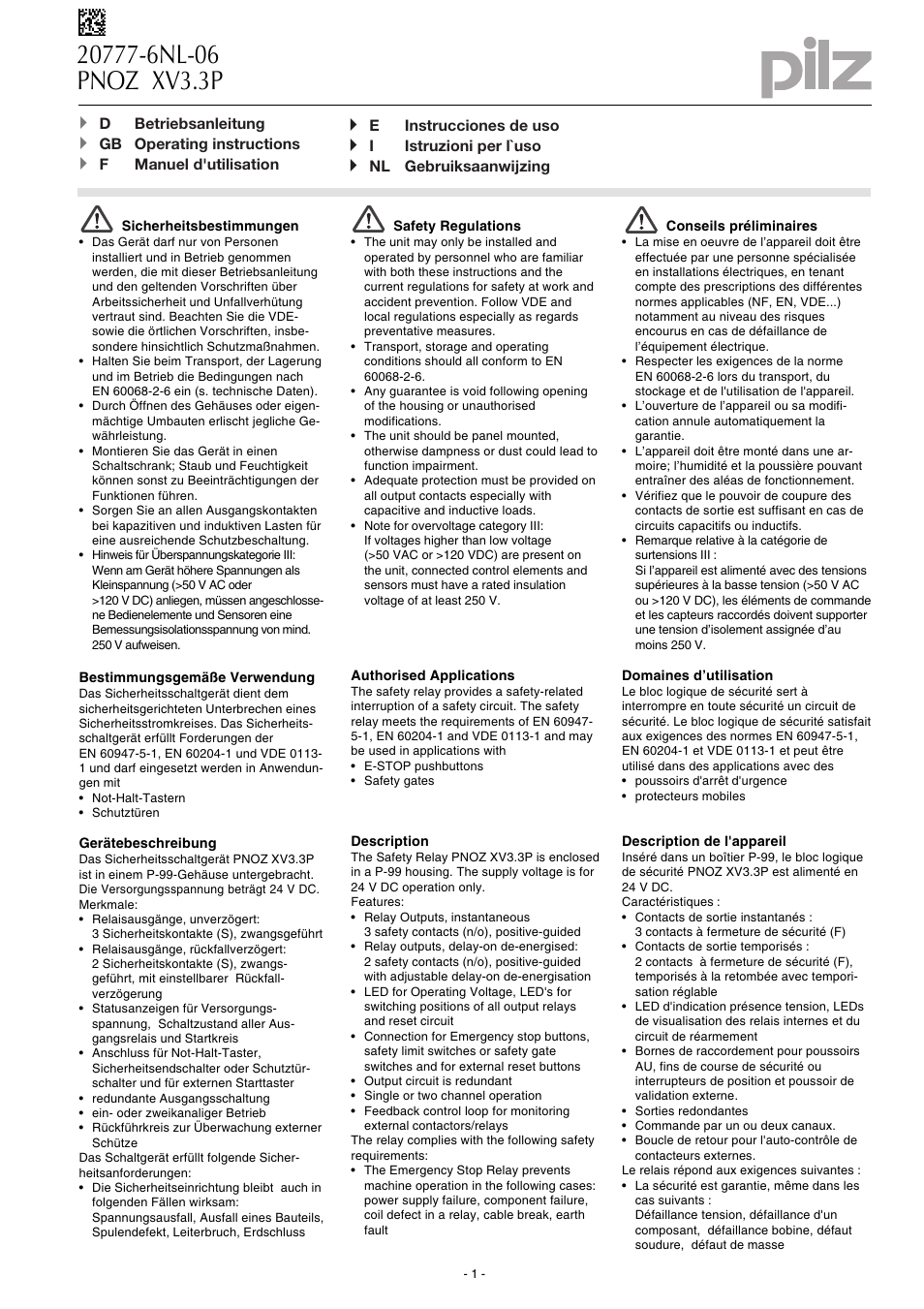 Pilz PNOZ XV3.3P 30/24VDC 3n/o 2n/o t User Manual | 20 pages