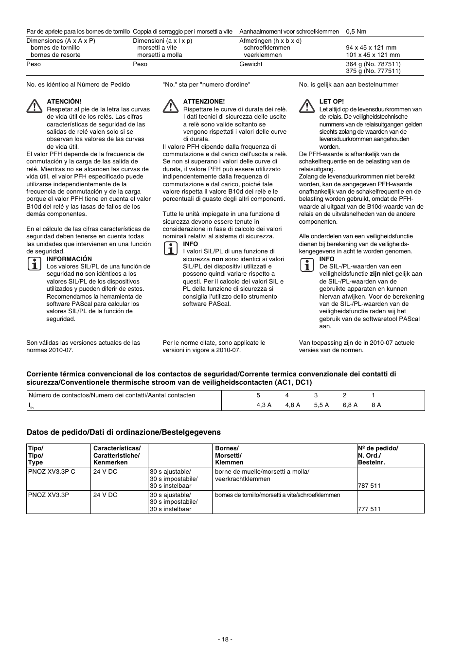 Datos de pedido/dati di ordinazione/bestelgegevens | Pilz PNOZ XV3.3P 30/24VDC 3n/o 2n/o t User Manual | Page 18 / 20