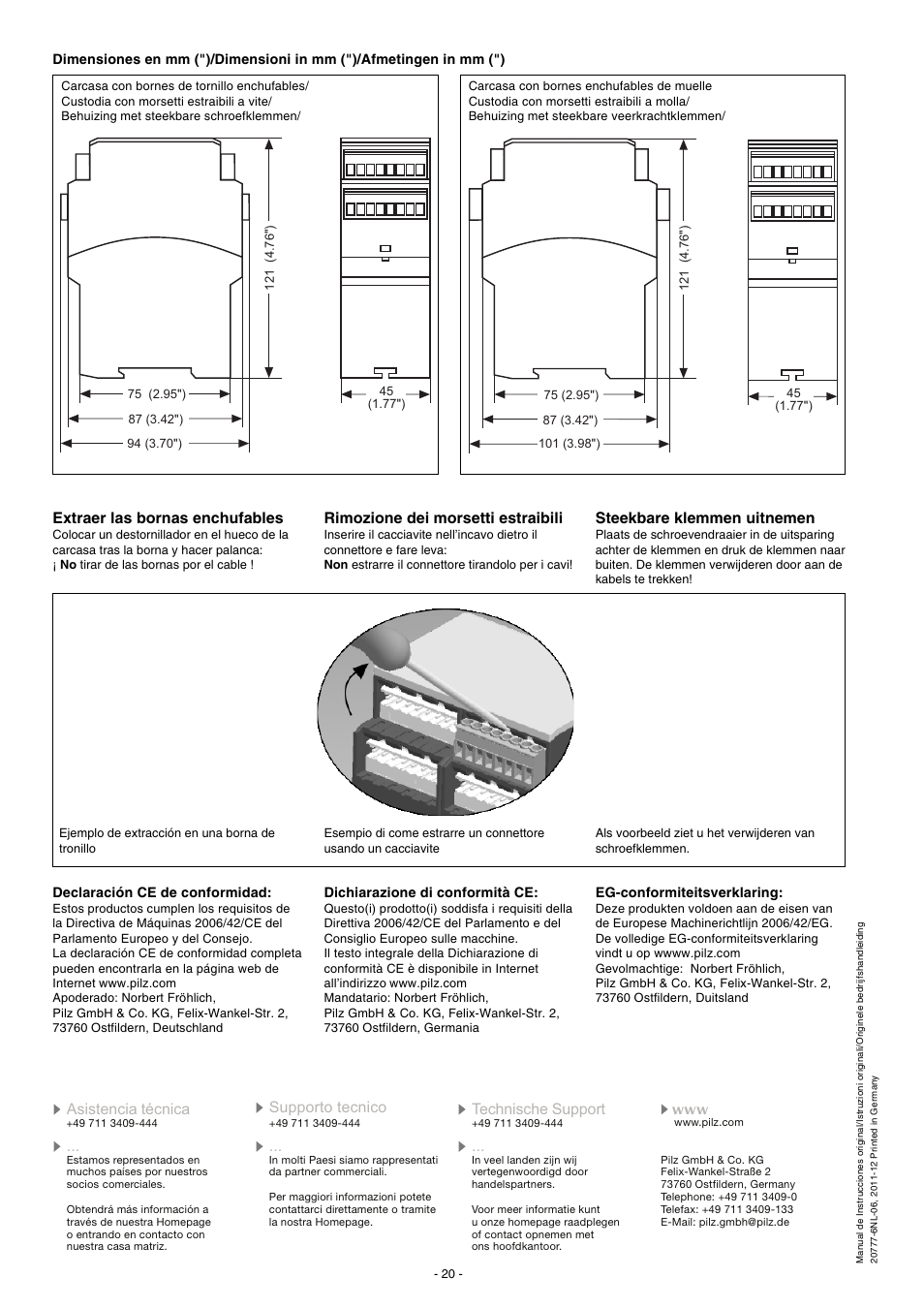 Extraer las bornas enchufables, Rimozione dei morsetti estraibili, Steekbare klemmen uitnemen | Pilz PNOZ XV3.3P 30/24VDC 3n/o 2n/o t User Manual | Page 20 / 20