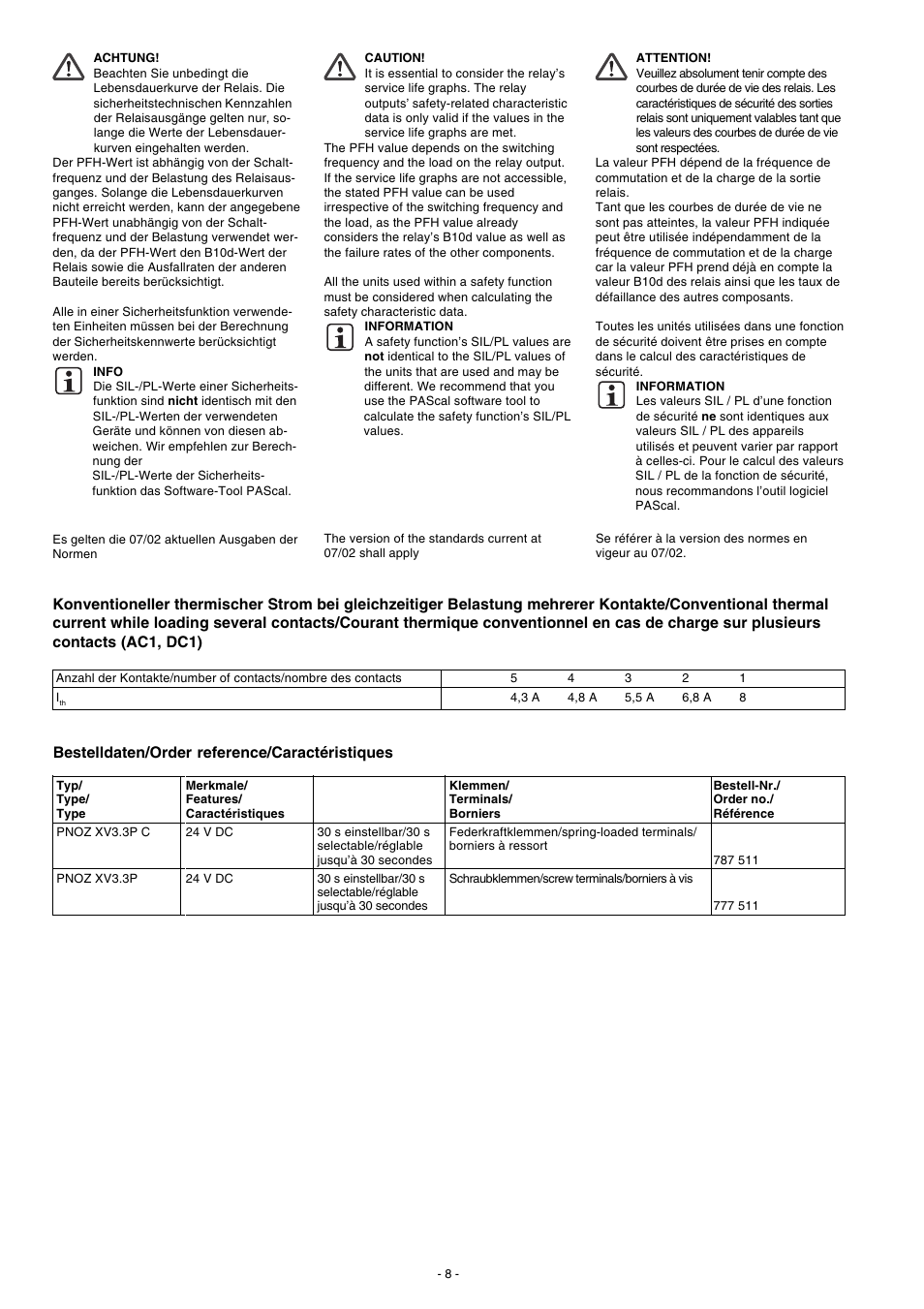 Bestelldaten/order reference/caractéristiques | Pilz PNOZ XV3.3P 30/24VDC 3n/o 2n/o t User Manual | Page 8 / 20