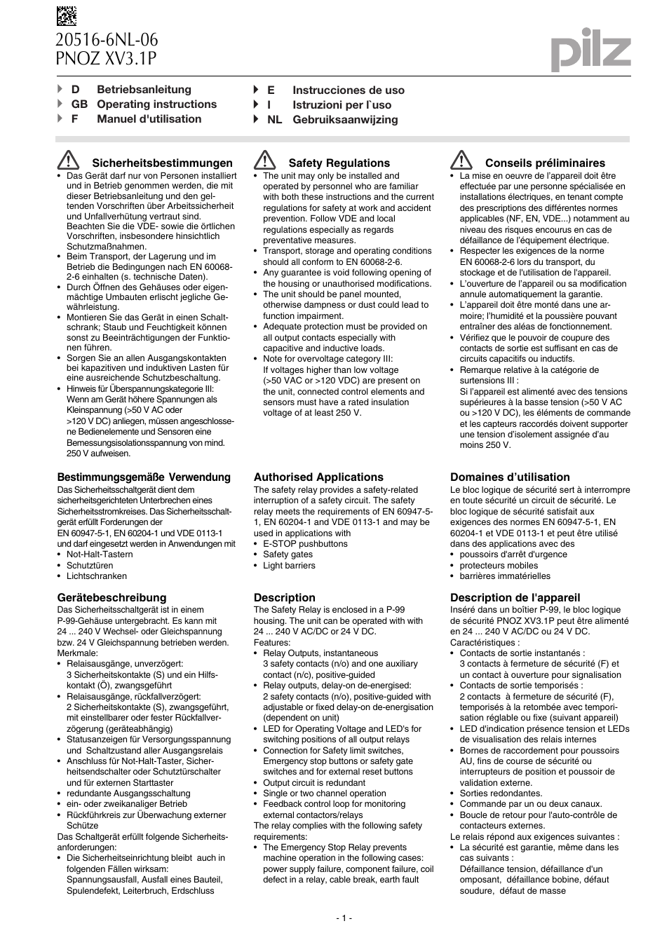 Pilz PNOZ XV3.1P 30/24VDC 3n/o 1n/c 2n/o t User Manual | 20 pages