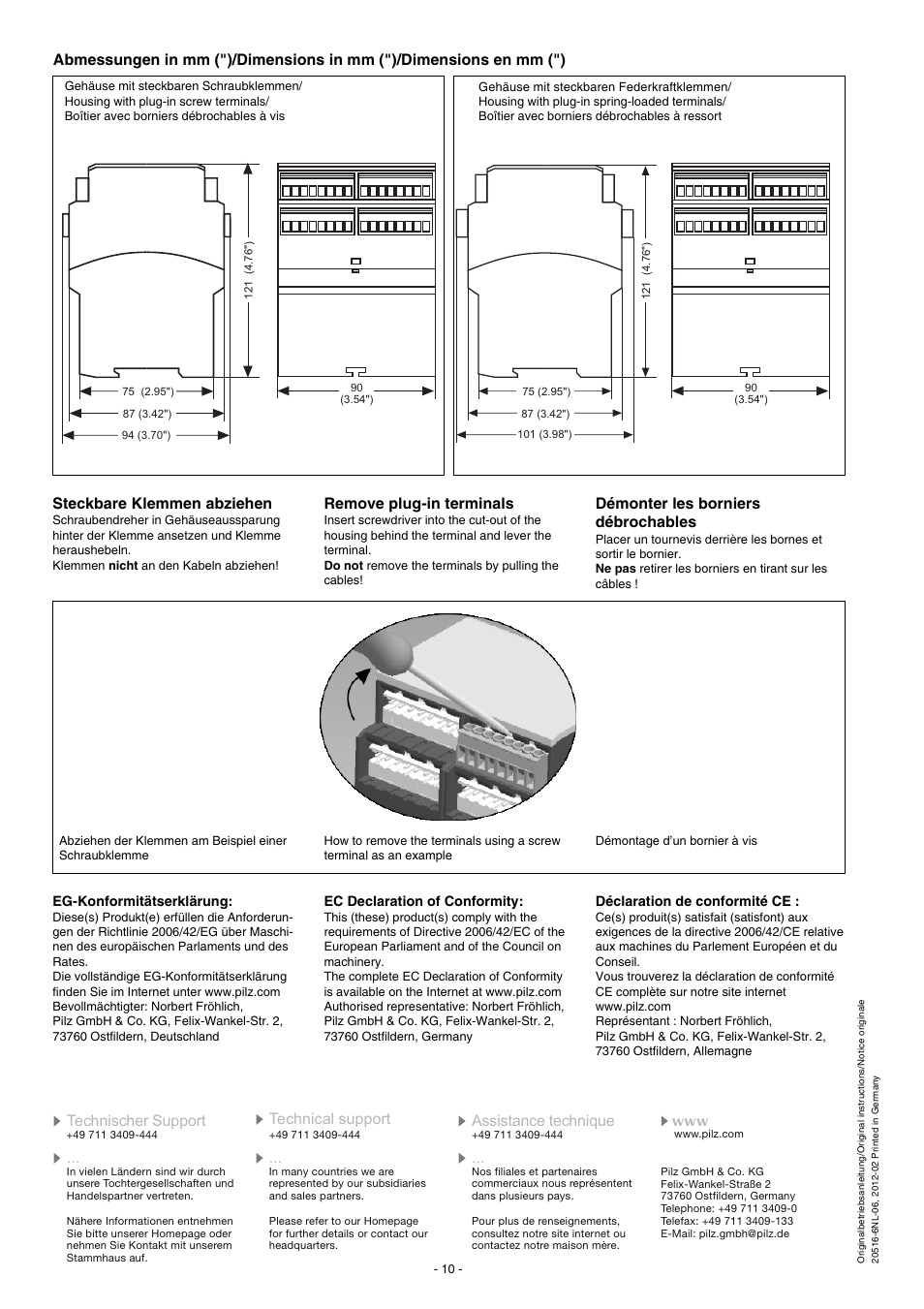 Remove plug-in terminals, Démonter les borniers débrochables | Pilz PNOZ XV3.1P 30/24VDC 3n/o 1n/c 2n/o t User Manual | Page 10 / 20