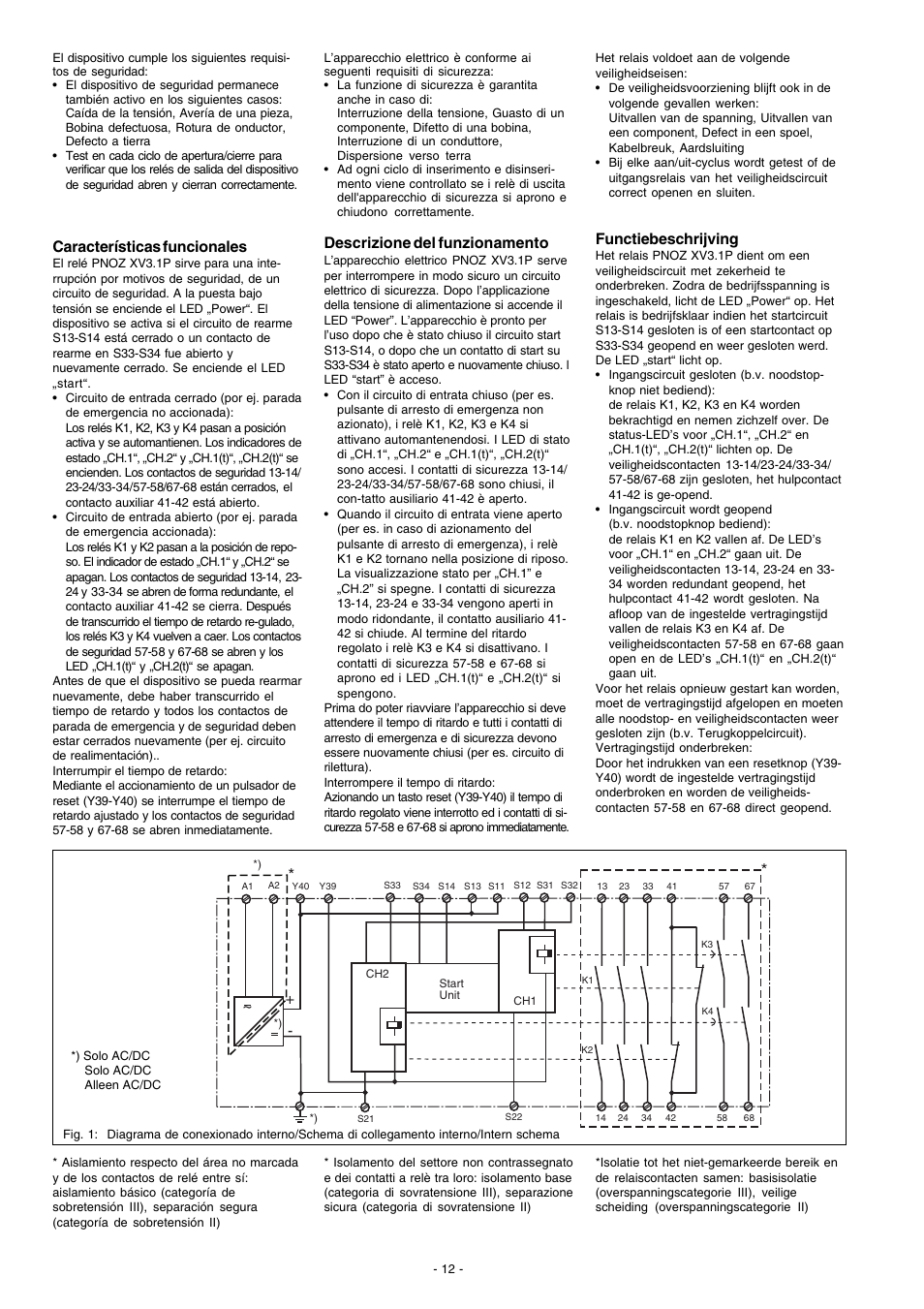 Características funcionales, Descrizione del funzionamento, Functiebeschrijving | Pilz PNOZ XV3.1P 30/24VDC 3n/o 1n/c 2n/o t User Manual | Page 12 / 20