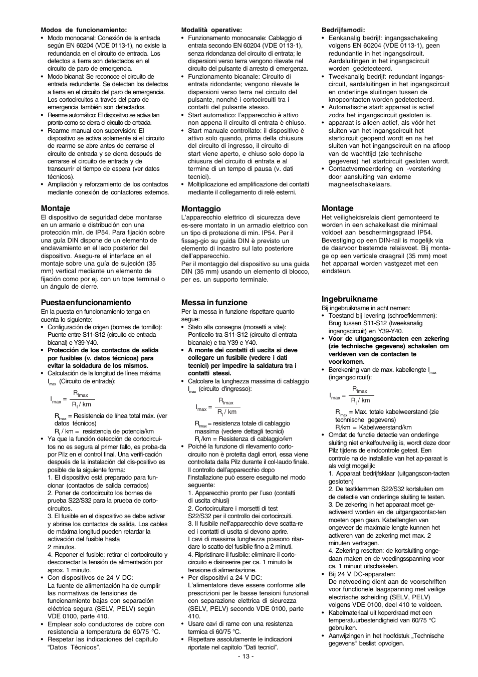 Montaje, Puesta en funcionamiento, Montaggio | Messa in funzione, Montage, Ingebruikname | Pilz PNOZ XV3.1P 30/24VDC 3n/o 1n/c 2n/o t User Manual | Page 13 / 20