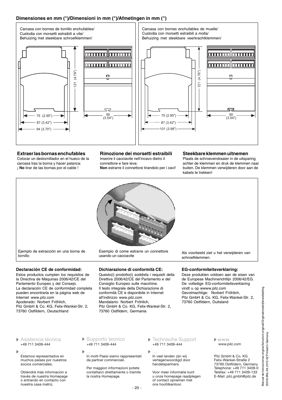 Extraer las bornas enchufables, Rimozione dei morsetti estraibili, Steekbare klemmen uitnemen | Pilz PNOZ XV3.1P 30/24VDC 3n/o 1n/c 2n/o t User Manual | Page 20 / 20