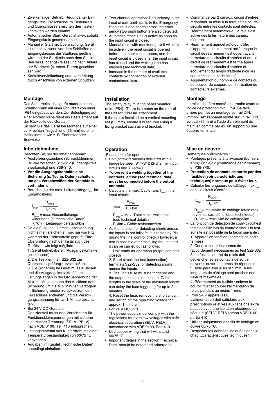 Montage, Inbetriebnahme, Mise en oeuvre | Installation, Operation | Pilz PNOZ XV3.1P 30/24VDC 3n/o 1n/c 2n/o t User Manual | Page 3 / 20