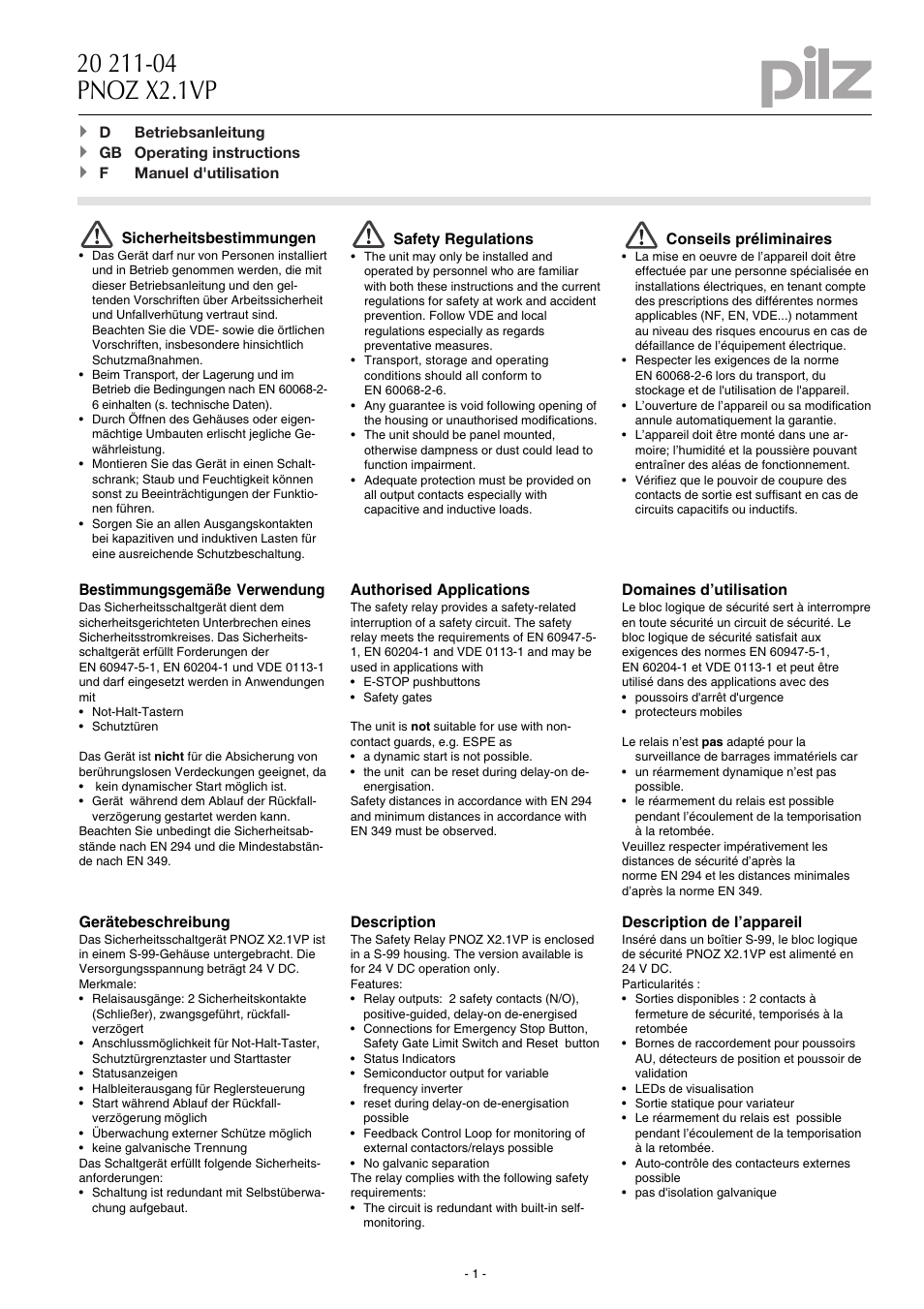 Pilz PNOZ X2.1VP 0.75/24VDC 1so 2n/o fix User Manual | 8 pages