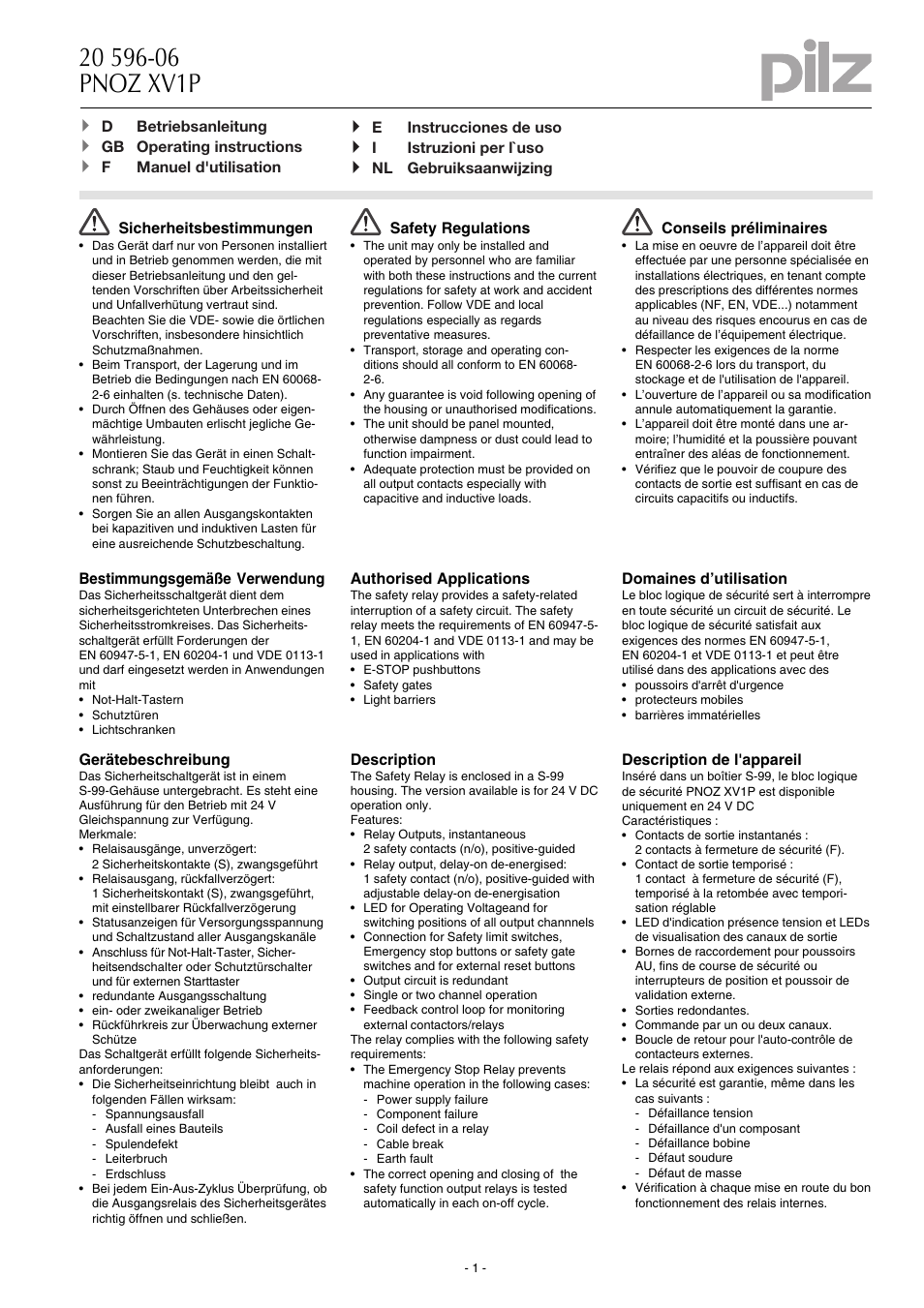 Pilz PNOZ XV1P 3/24VDC 2n/o 1n/o t User Manual | 20 pages