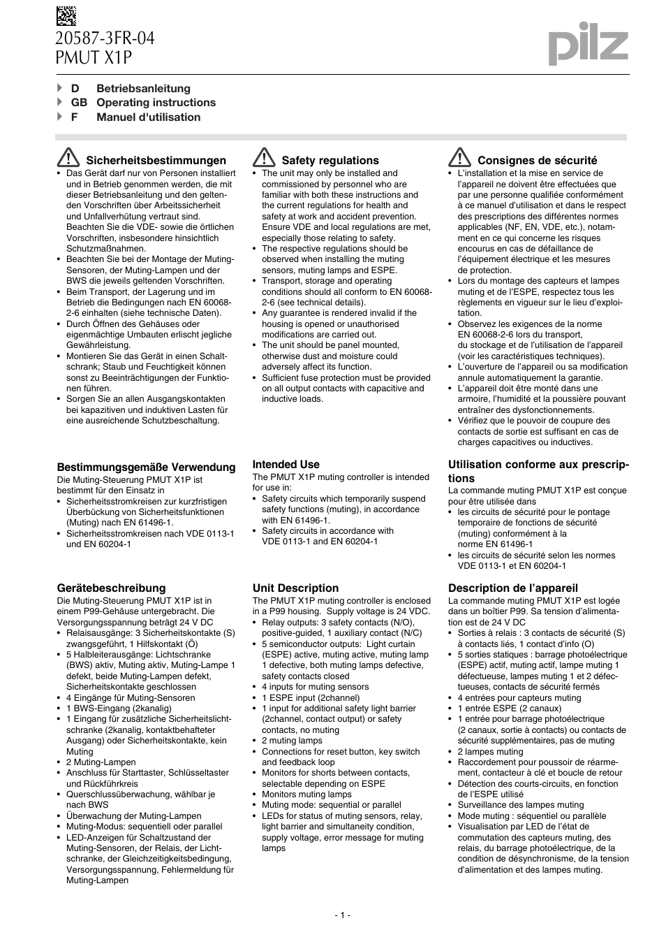 Pilz PMUT X1P 24VDC 3n/o 1n/c 5so User Manual | 16 pages