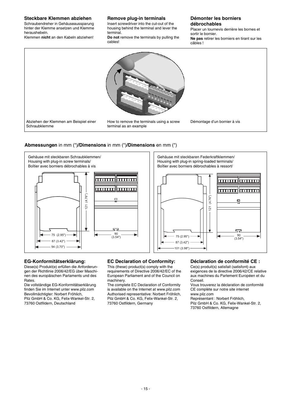 Steckbare klemmen abziehen, Remove plug-in terminals, Démonter les borniers débrochables | Eg-konformitätserklärung, Ec declaration of conformity, Déclaration de conformité ce | Pilz PMUT X1P 24VDC 3n/o 1n/c 5so User Manual | Page 15 / 16