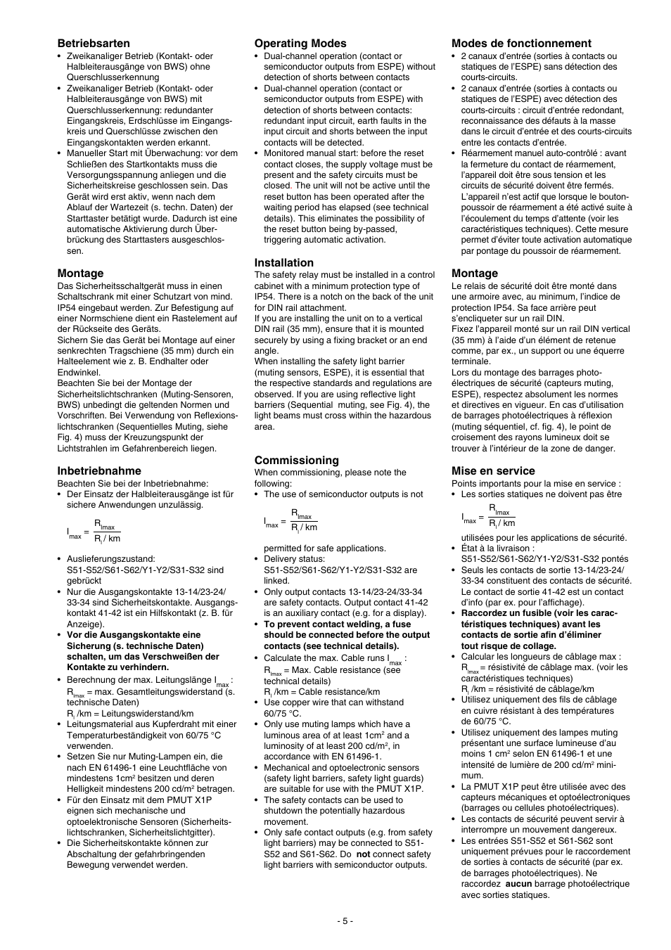 Betriebsarten, Montage, Inbetriebnahme | Modes de fonctionnement, Mise en service, Operating modes, Installation, Commissioning | Pilz PMUT X1P 24VDC 3n/o 1n/c 5so User Manual | Page 5 / 16